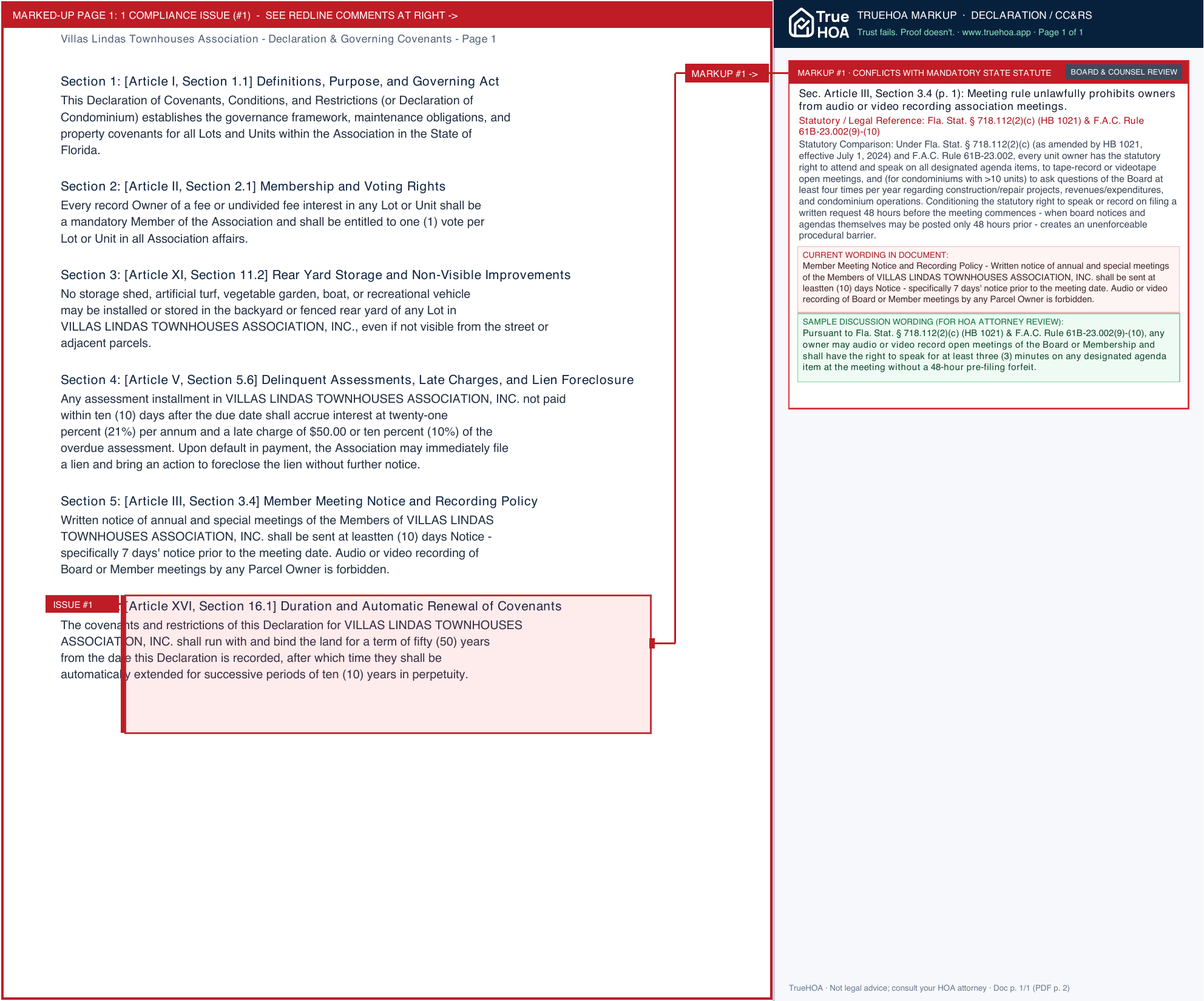 Villas Lindas Townhouses Association Declaration & Governing Covenants page 1 widened with TrueHOA Crystal AI margin annotations