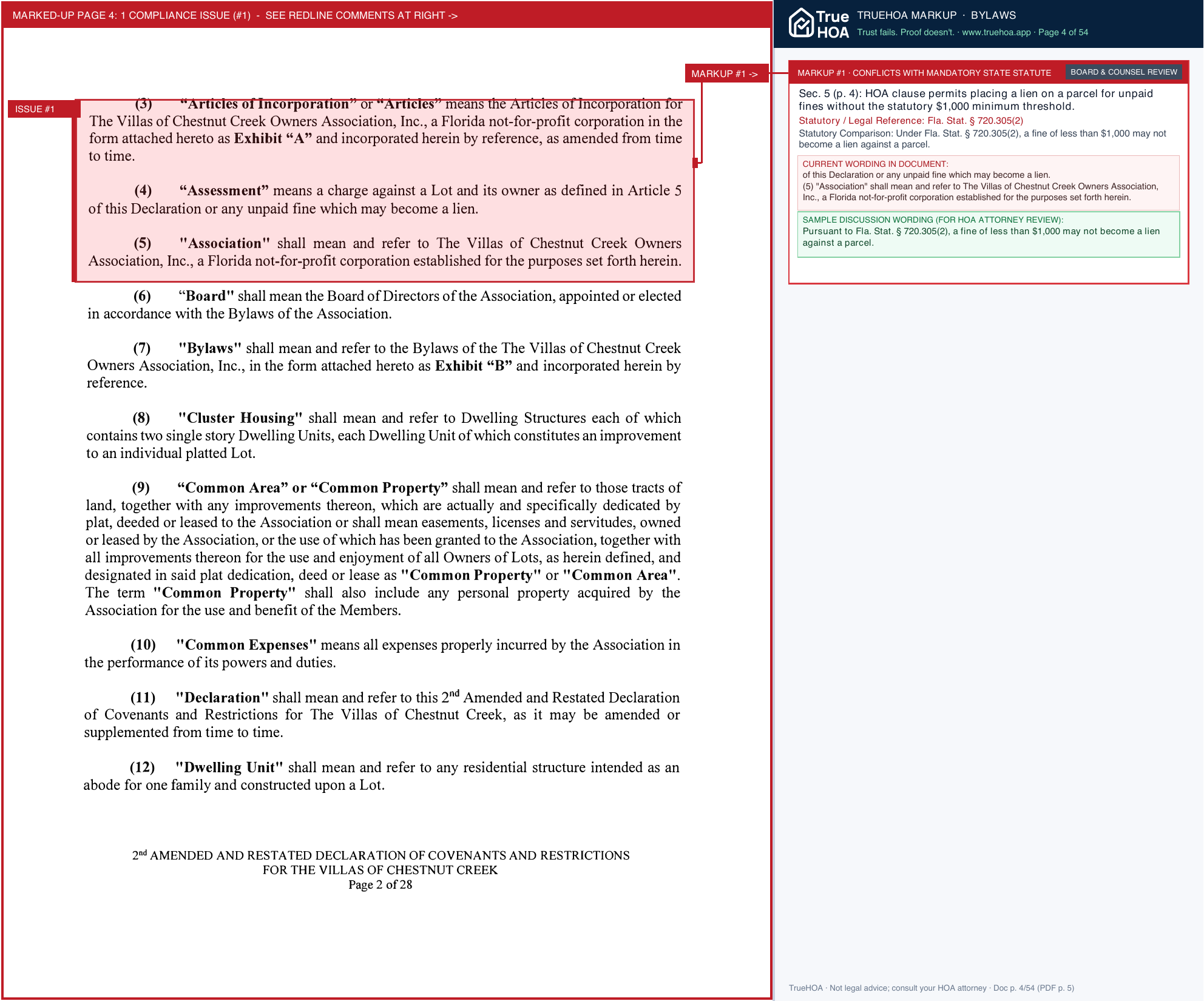 Villas of Chestnut Creek Owners Association VCC DOC Declaration AOI Bylaws 2nd Amendment searchable page 4 widened with TrueHOA Crystal AI margin annotations