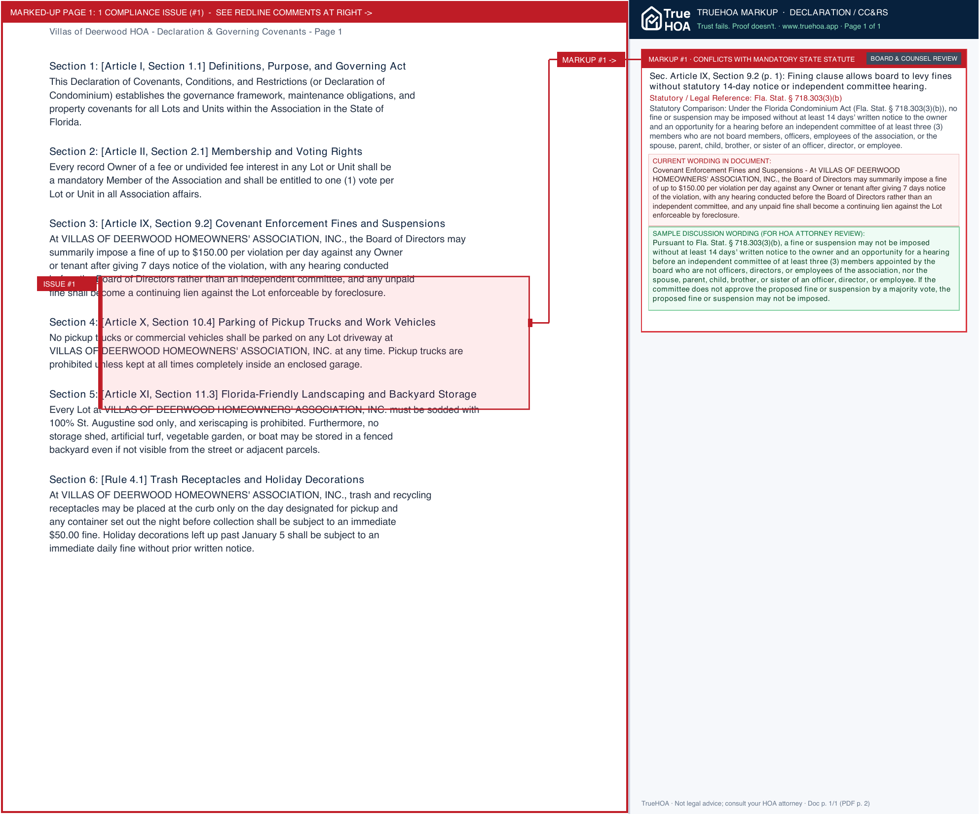Villas of Deerwood HOA Declaration & Governing Covenants page 1 widened with TrueHOA Crystal AI margin annotations
