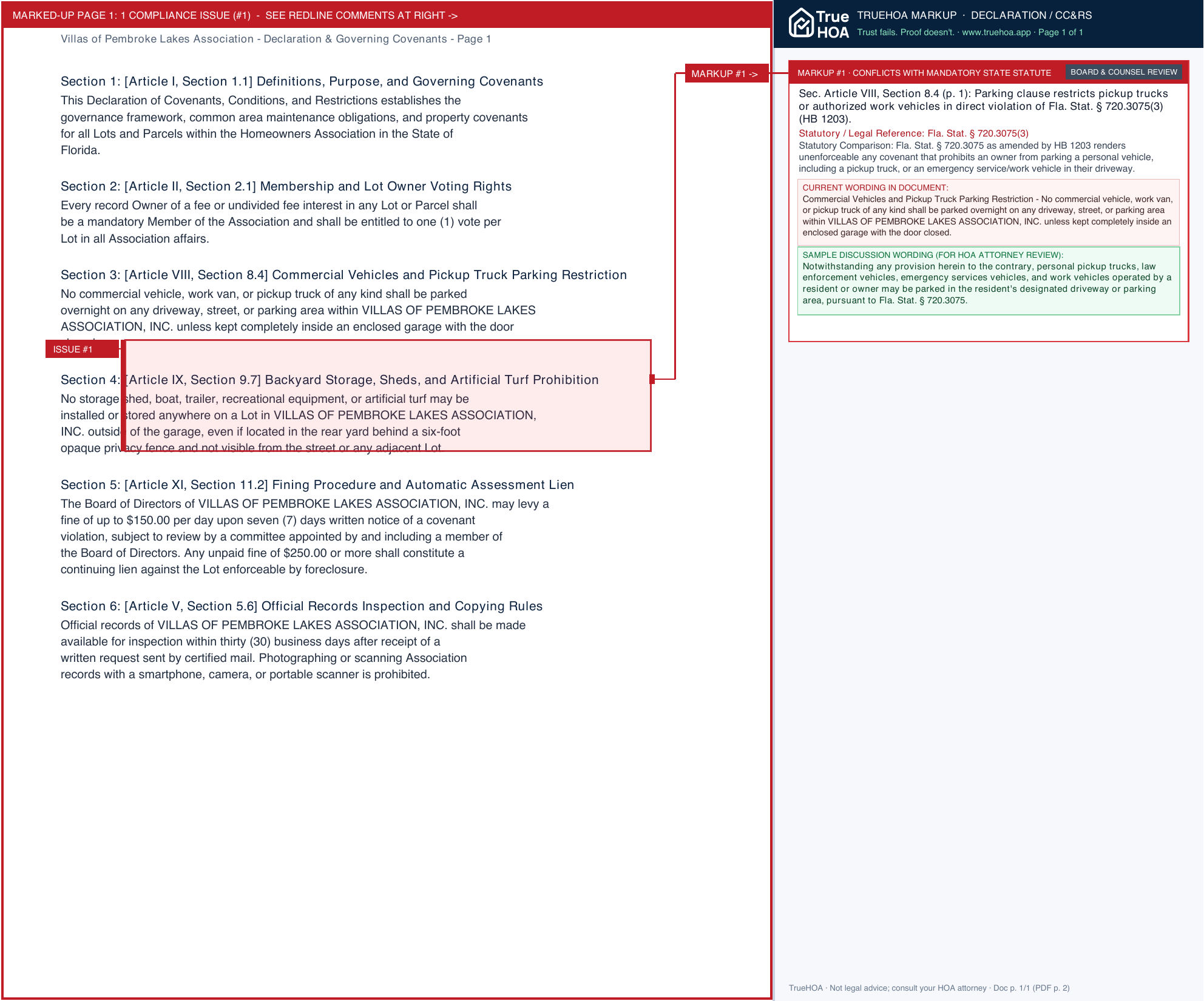 Villas of Pembroke Lakes Association Declaration & Governing Covenants page 1 widened with TrueHOA Crystal AI margin annotations