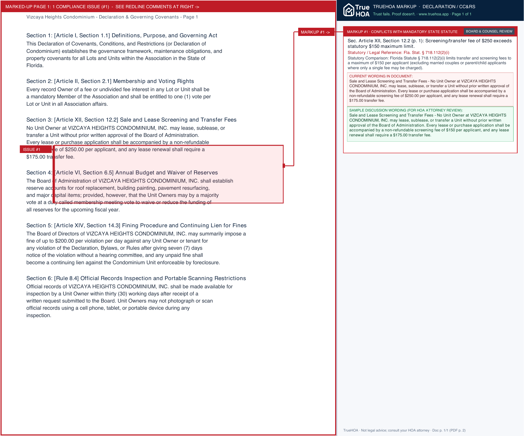 Vizcaya Heights Condominium Declaration & Governing Covenants page 1 widened with TrueHOA Crystal AI margin annotations