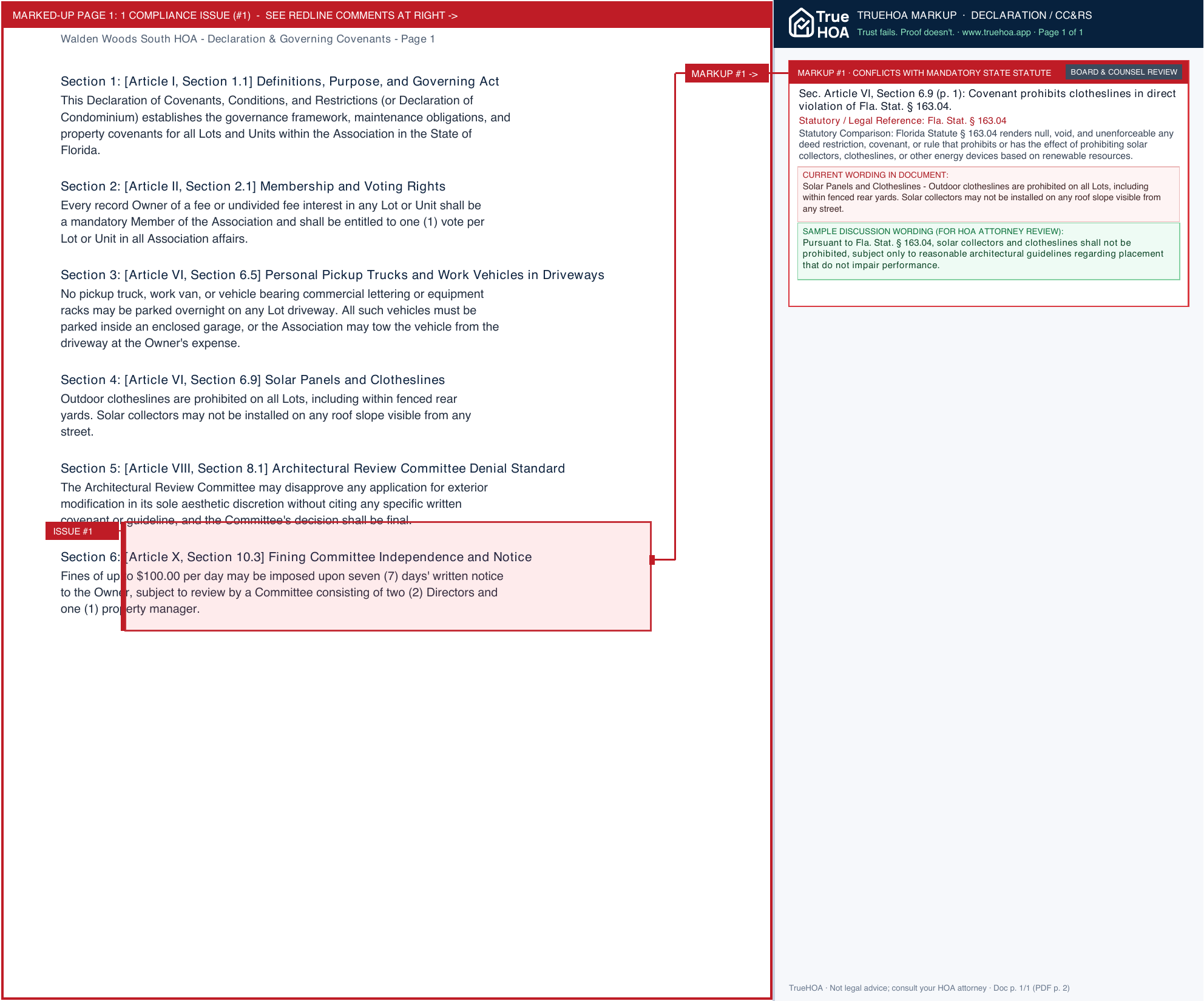 Walden Woods South HOA Declaration & Governing Covenants page 1 widened with TrueHOA Crystal AI margin annotations
