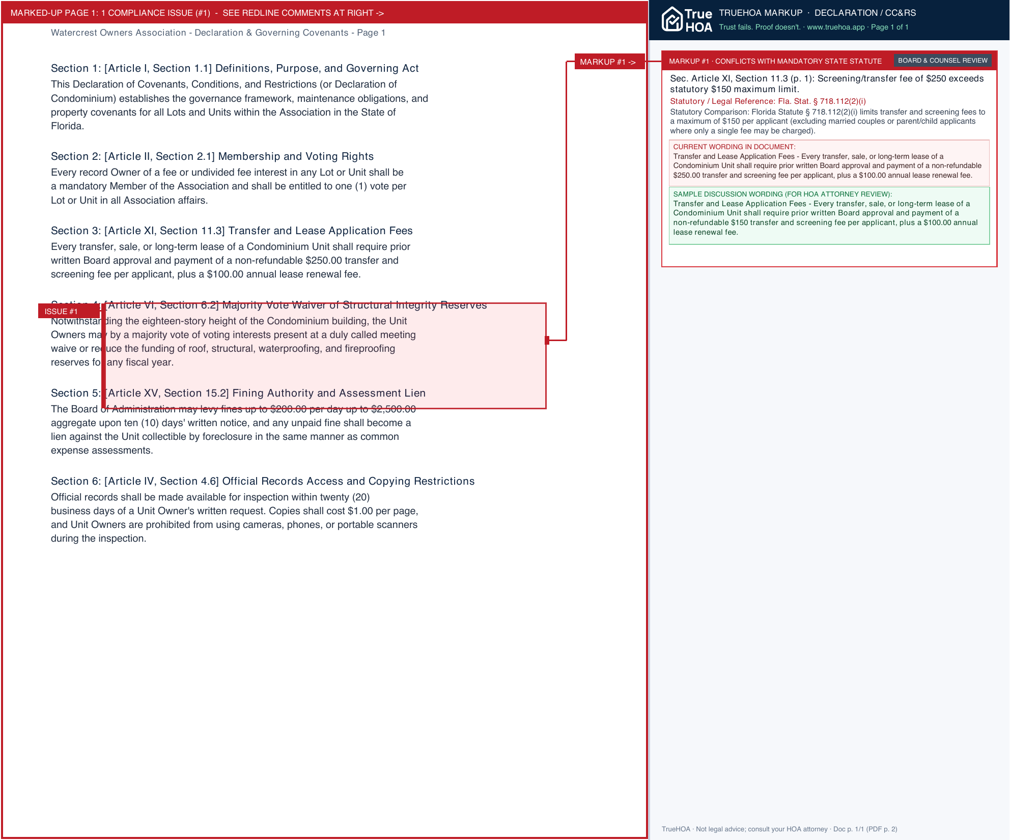 Watercrest Owners Association Declaration & Governing Covenants page 1 widened with TrueHOA Crystal AI margin annotations