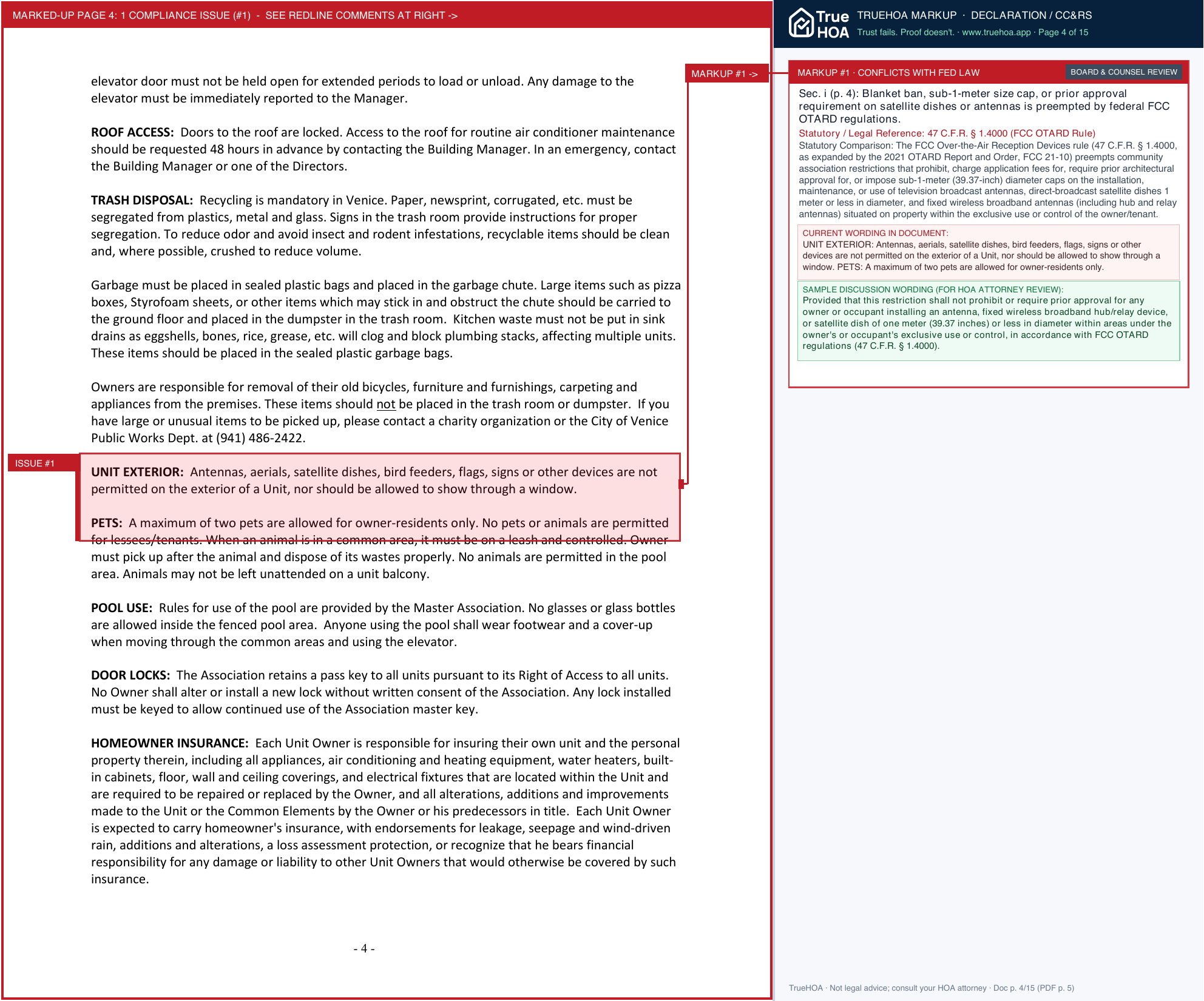 Waterfront on Venice Island Building C Condominium Association WFC DOCS Rules and Regs v1 page 4 widened with TrueHOA Crystal AI margin annotations