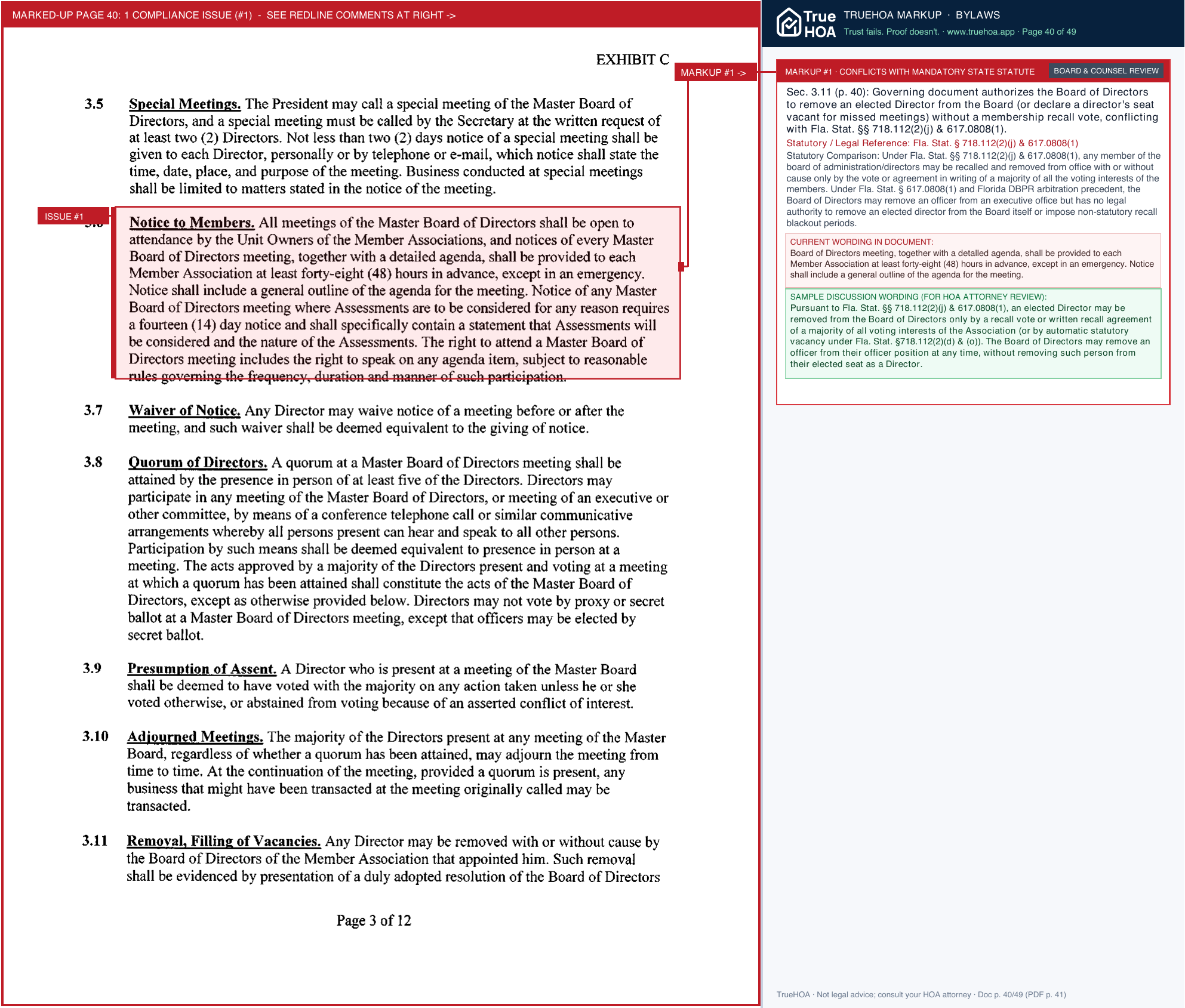 Waterfront on Venice Island Master Condominium Association MASTER Declaration of Condominium, Articles of Incorporation & Bylaws (Amended & Restated July 2017) page 40 widened with TrueHOA Crystal AI margin annotations
