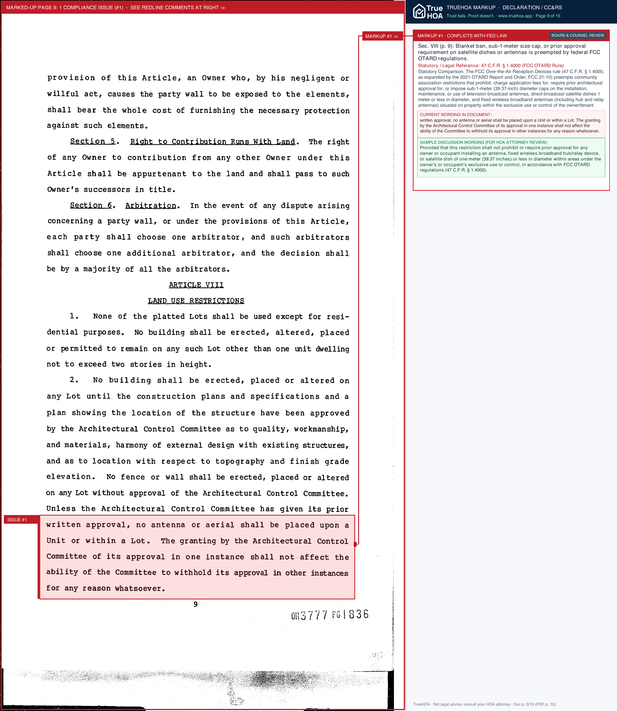 West Side Townhomes Homeowner's Association Declaration of Covenants page 9 widened with TrueHOA Crystal AI margin annotations