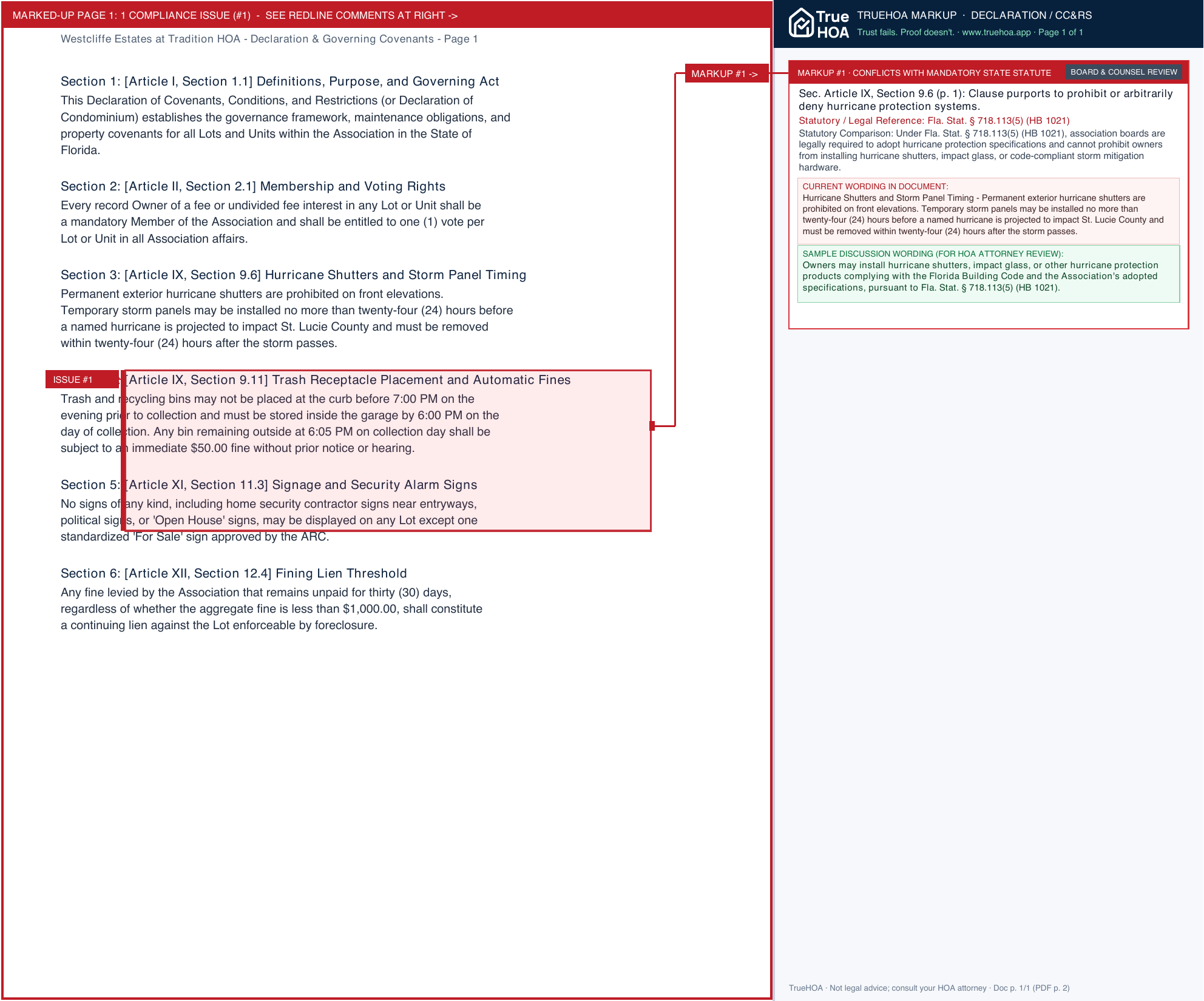 Westcliffe Estates at Tradition HOA Declaration & Governing Covenants page 1 widened with TrueHOA Crystal AI margin annotations