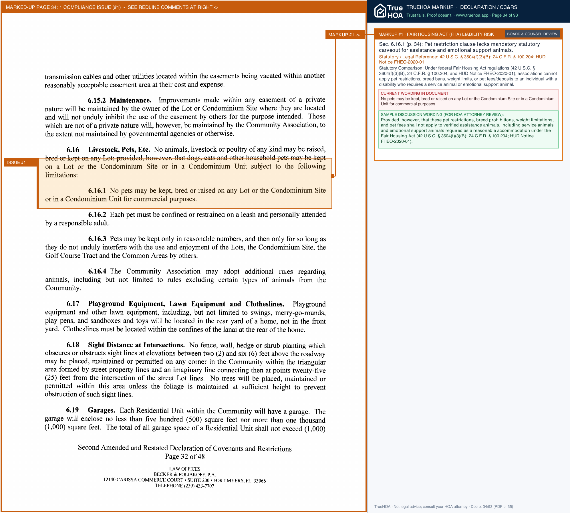 Wildcat Run Community Association Second Amended and Restated Declaration page 34 widened with TrueHOA Crystal AI margin annotations