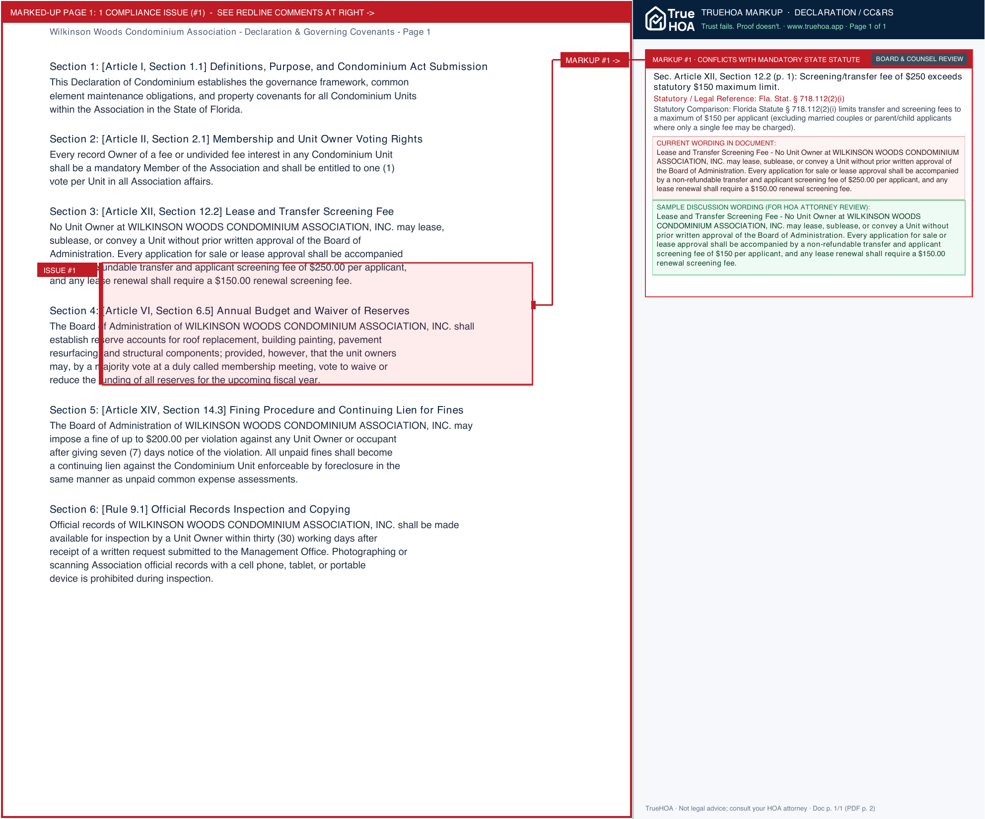 Wilkinson Woods Condominium Association Declaration & Governing Covenants page 1 widened with TrueHOA Crystal AI margin annotations