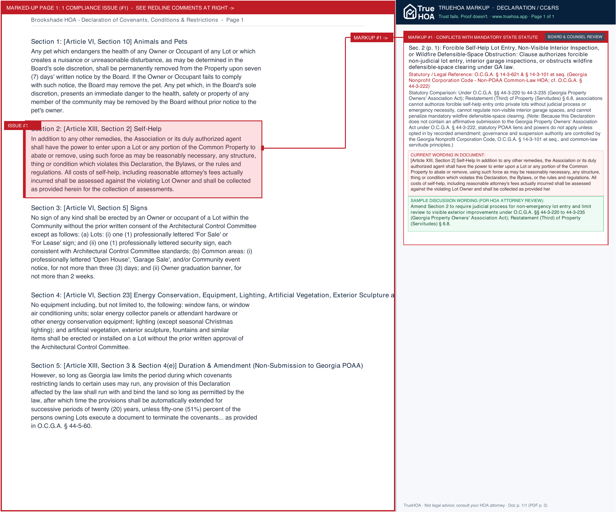 Brookshade HOA Declaration of Covenants, Conditions & Restrictions page 1 widened with TrueHOA Crystal AI margin annotations