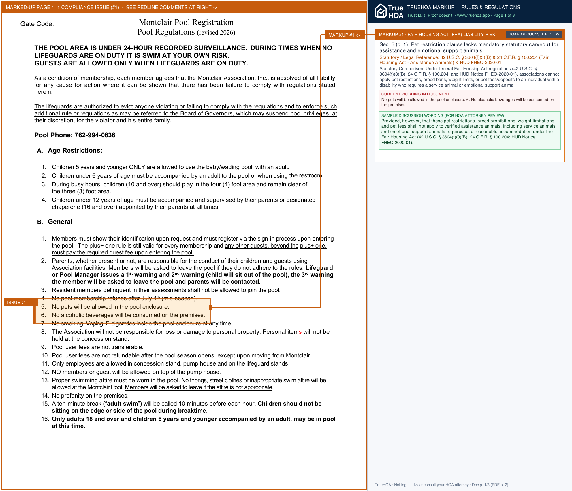 Montclair Association Montclair Association POOL RULES 2026 page 1 widened with TrueHOA Crystal AI margin annotations