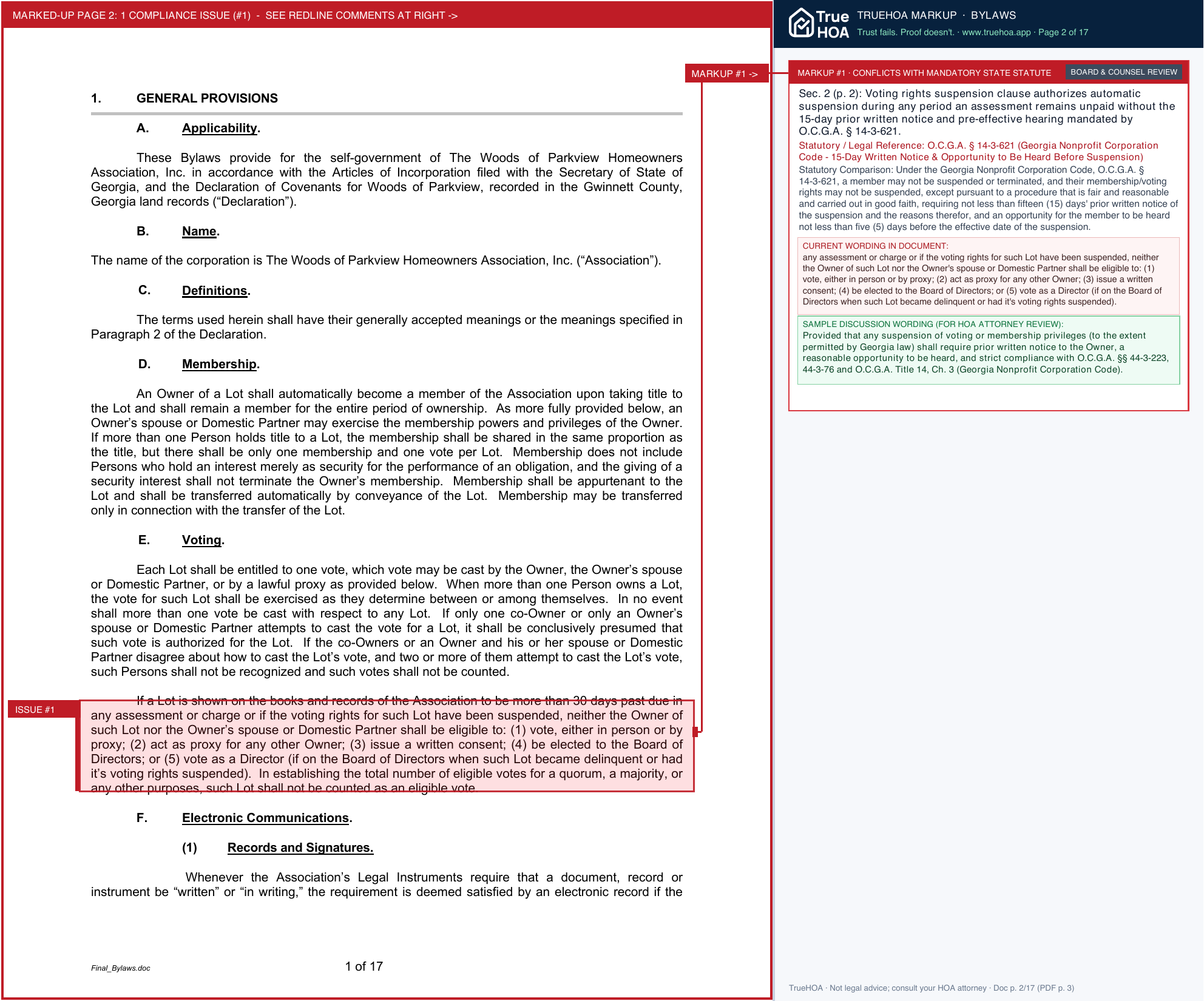 Woods of Parkview HOA Final Bylaws Copy page 2 widened with TrueHOA Crystal AI margin annotations