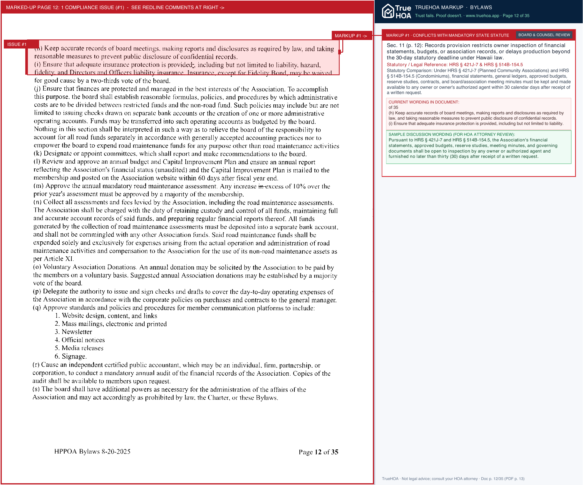 Hawaiian Paradise Park Owners Association BYLAWS AMENDED AND RESTATED 8.20.2025 Newest page 12 widened with TrueHOA Crystal AI margin annotations