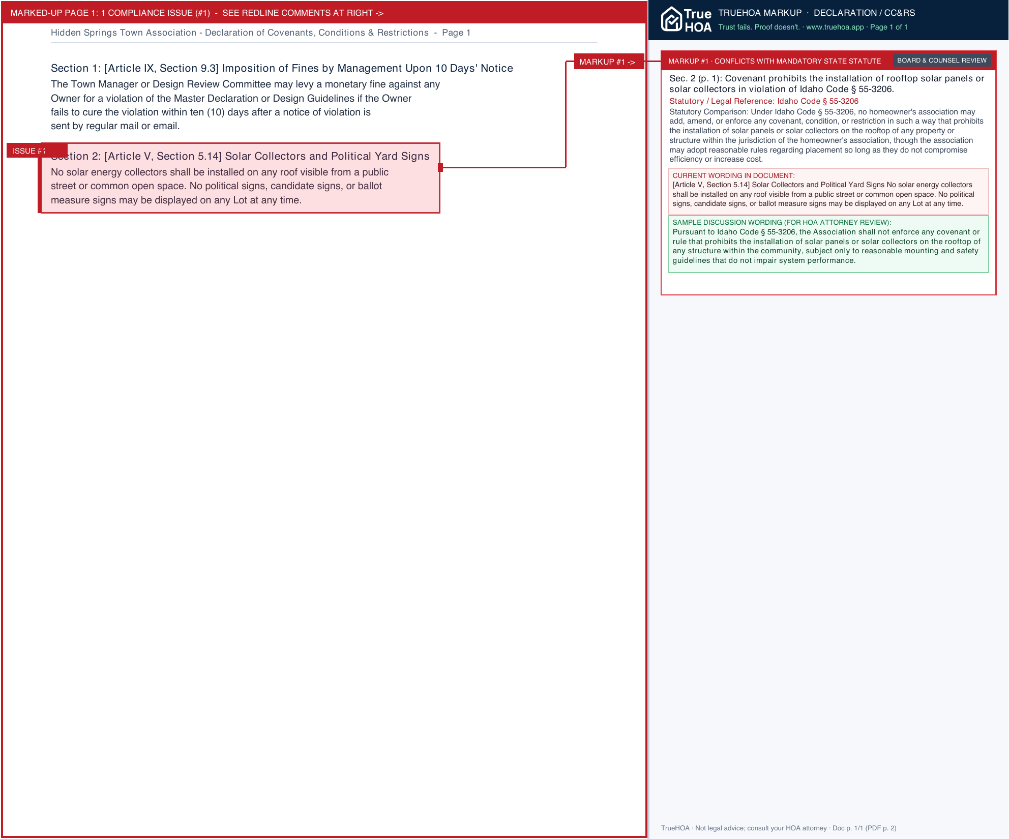 Hidden Springs Town Association Declaration of Covenants, Conditions & Restrictions page 1 widened with TrueHOA Crystal AI margin annotations
