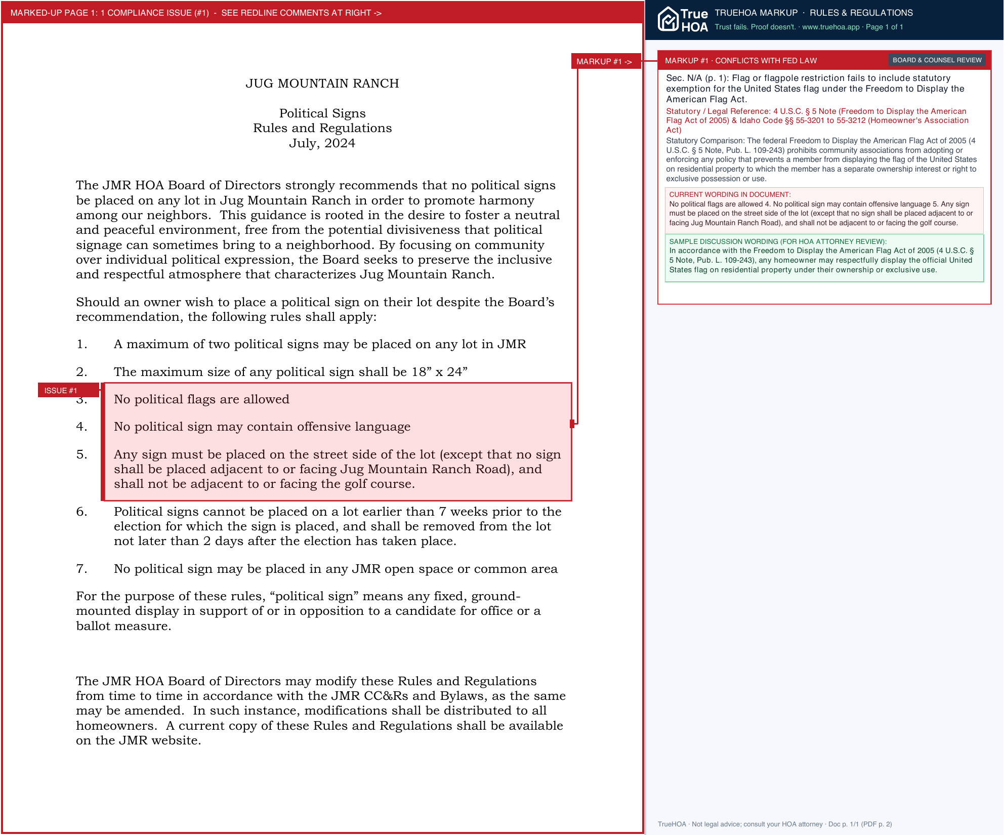 Jug Mountain Ranch HOA Political Signs Rules 7 25 24 page 1 widened with TrueHOA Crystal AI margin annotations