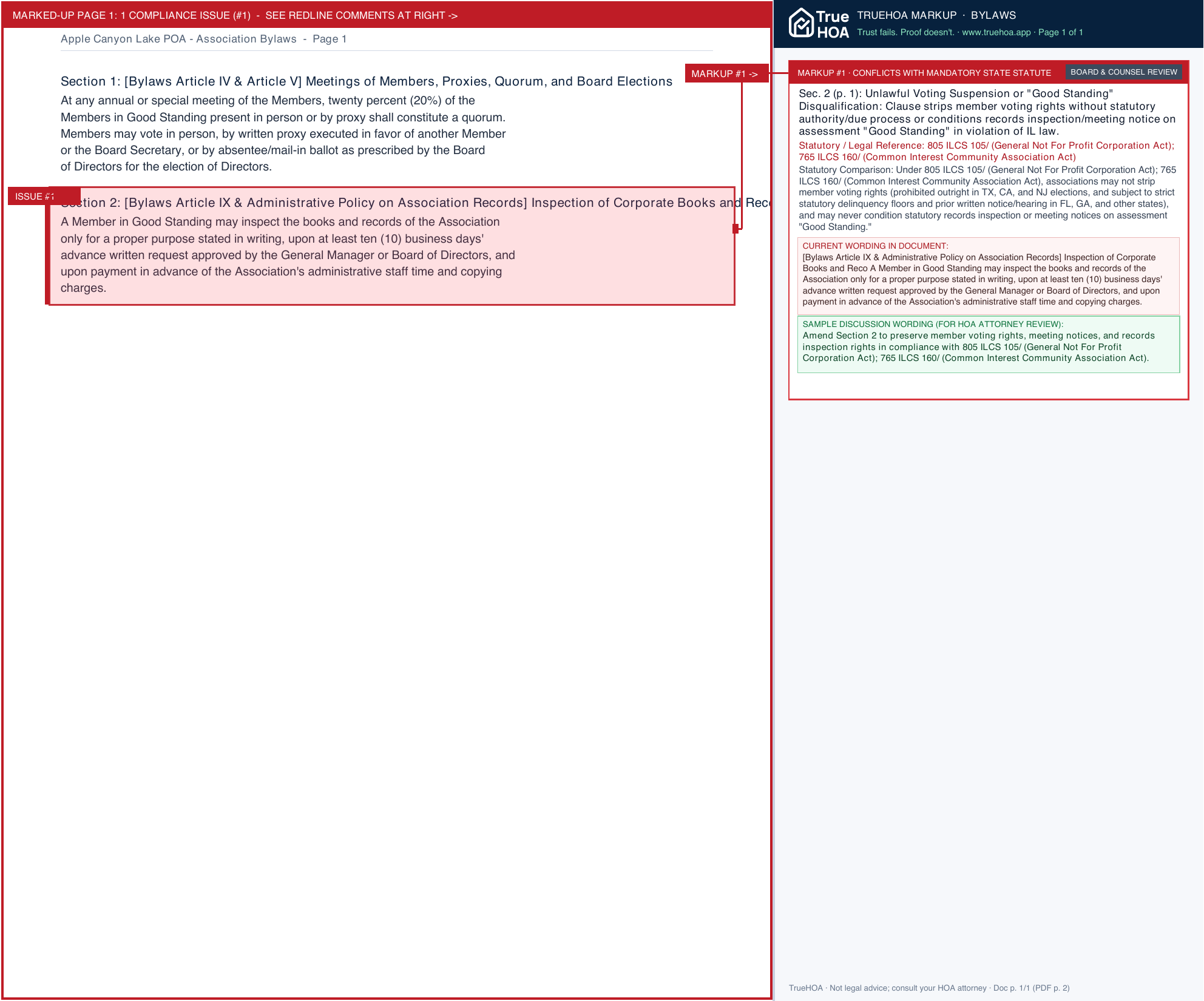 Apple Canyon Lake POA Association Bylaws page 1 widened with TrueHOA Crystal AI margin annotations