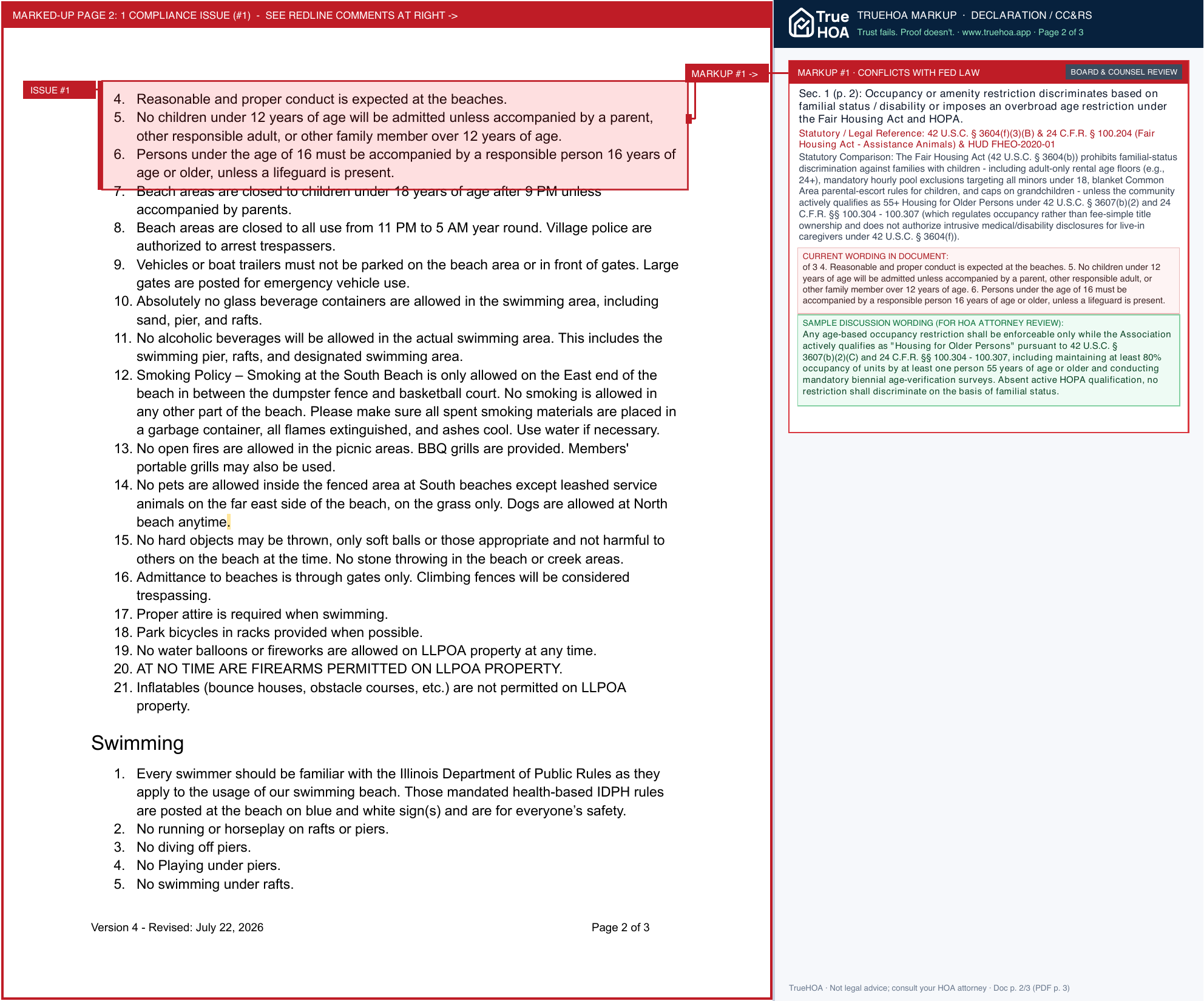 Loch Lomond POA LLPOA Rules for Beach and Lake Use July 2026 page 2 widened with TrueHOA Crystal AI margin annotations