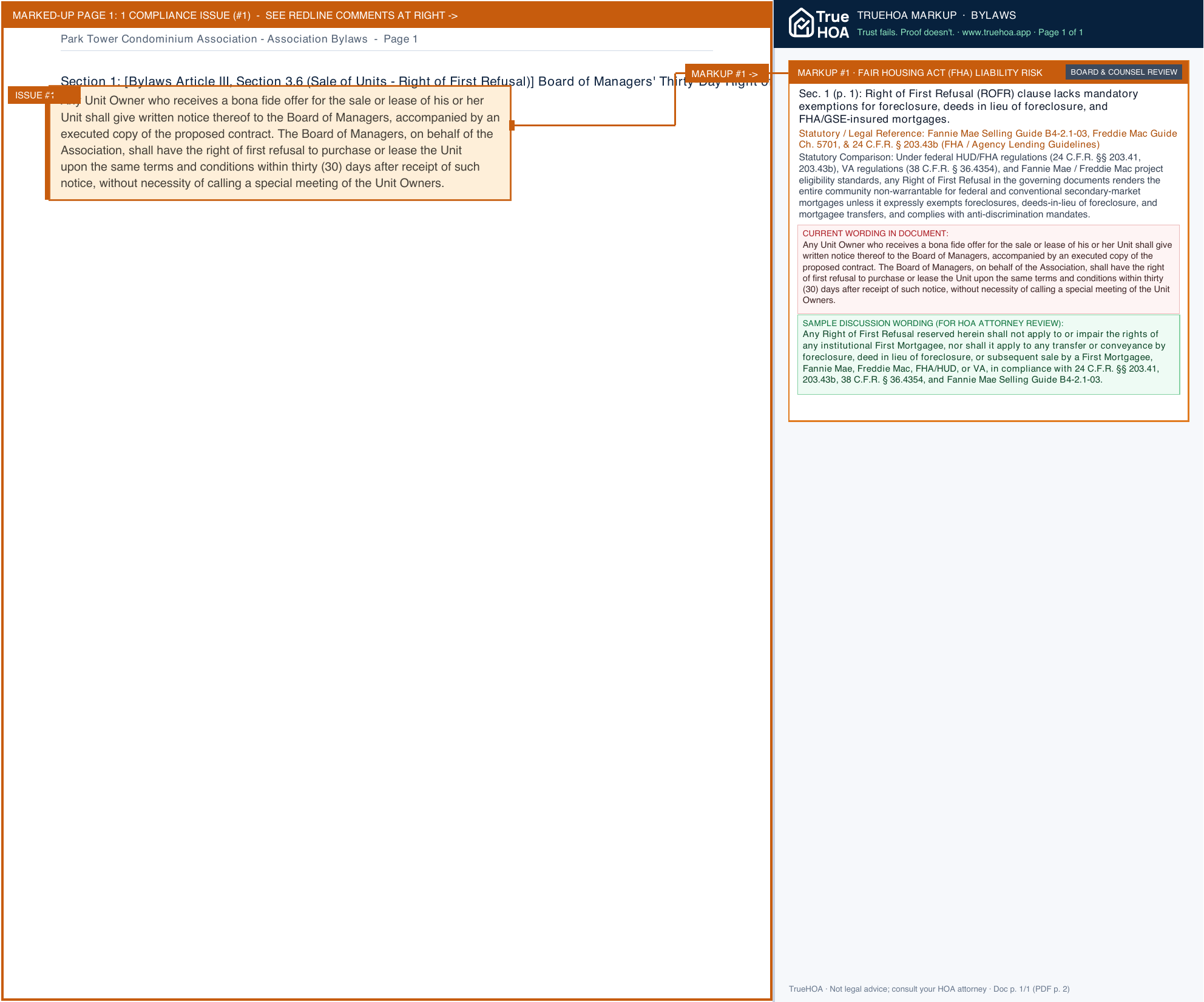 Park Tower Condominium Association Association Bylaws page 1 widened with TrueHOA Crystal AI margin annotations
