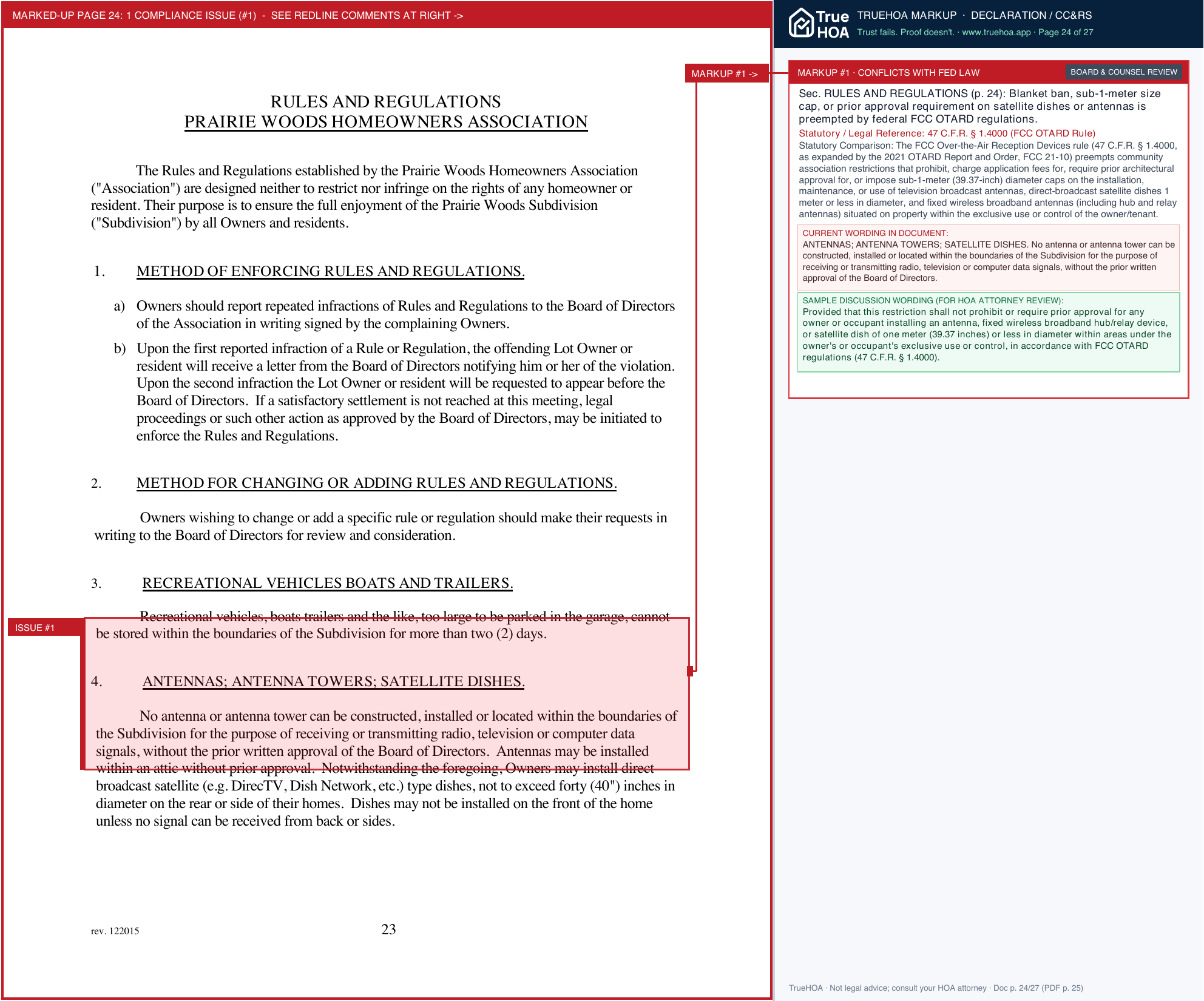 Prairie Woods HOA PWHOA Declarations rev. 122015 page 24 widened with TrueHOA Crystal AI margin annotations