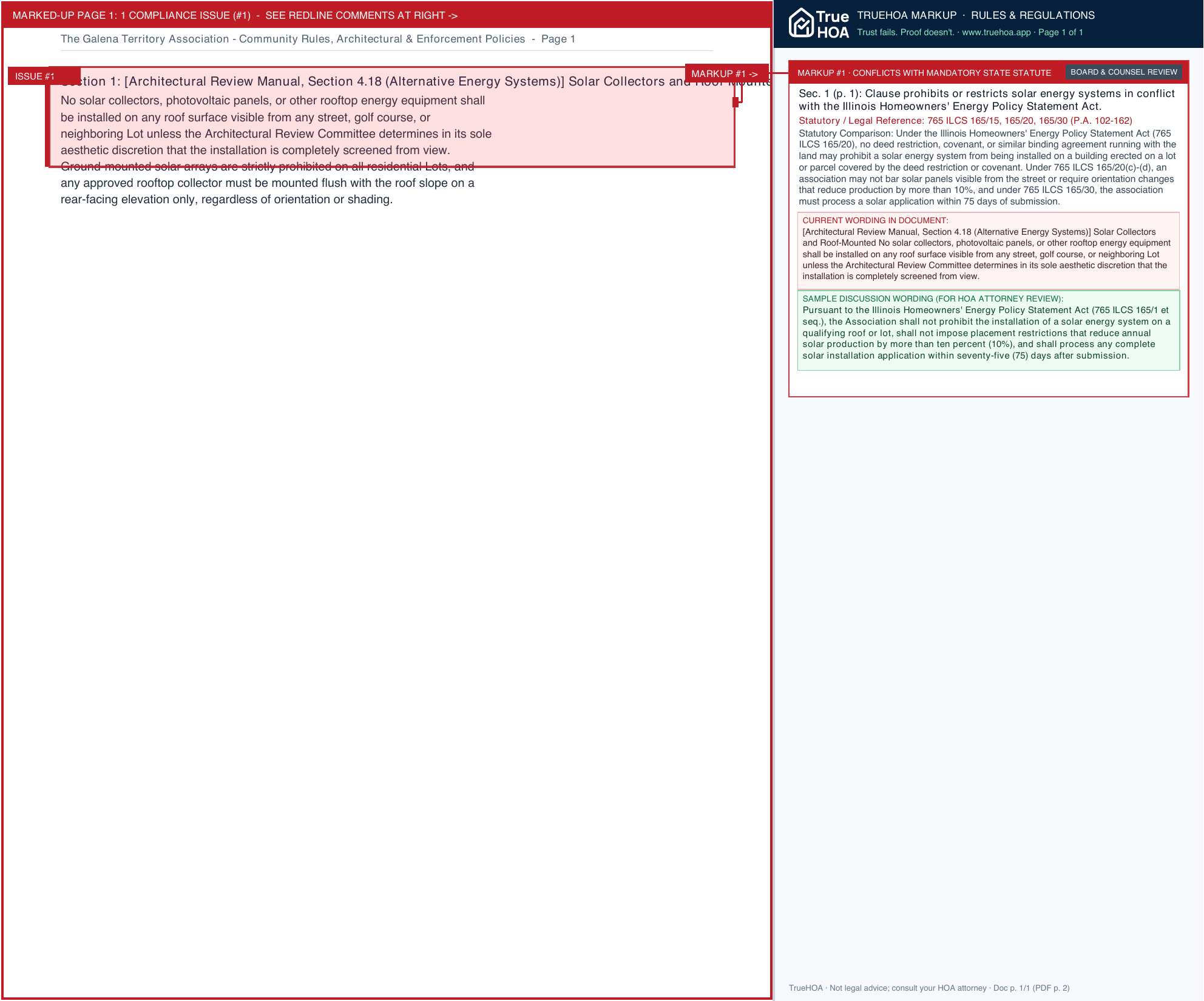 The Galena Territory Association Community Rules, Architectural & Enforcement Policies page 1 widened with TrueHOA Crystal AI margin annotations