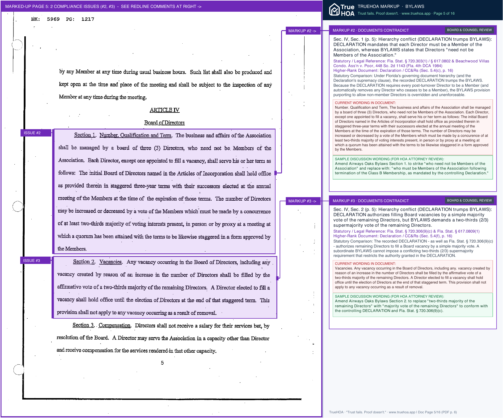 A Bylaws page flagged for a quorum conflict with the Declaration