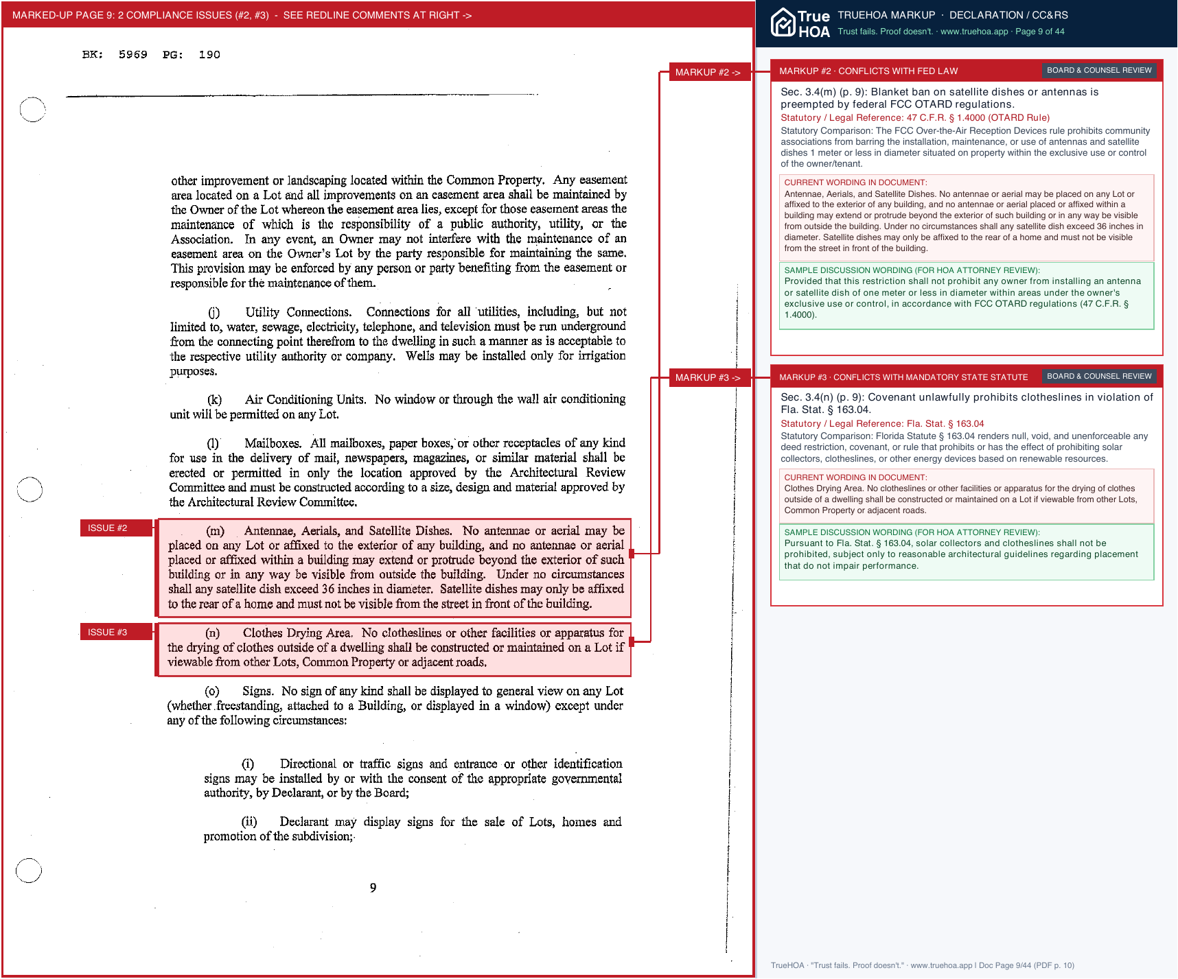 A Declaration page with a red callout box citing the Florida statute the clause conflicts with