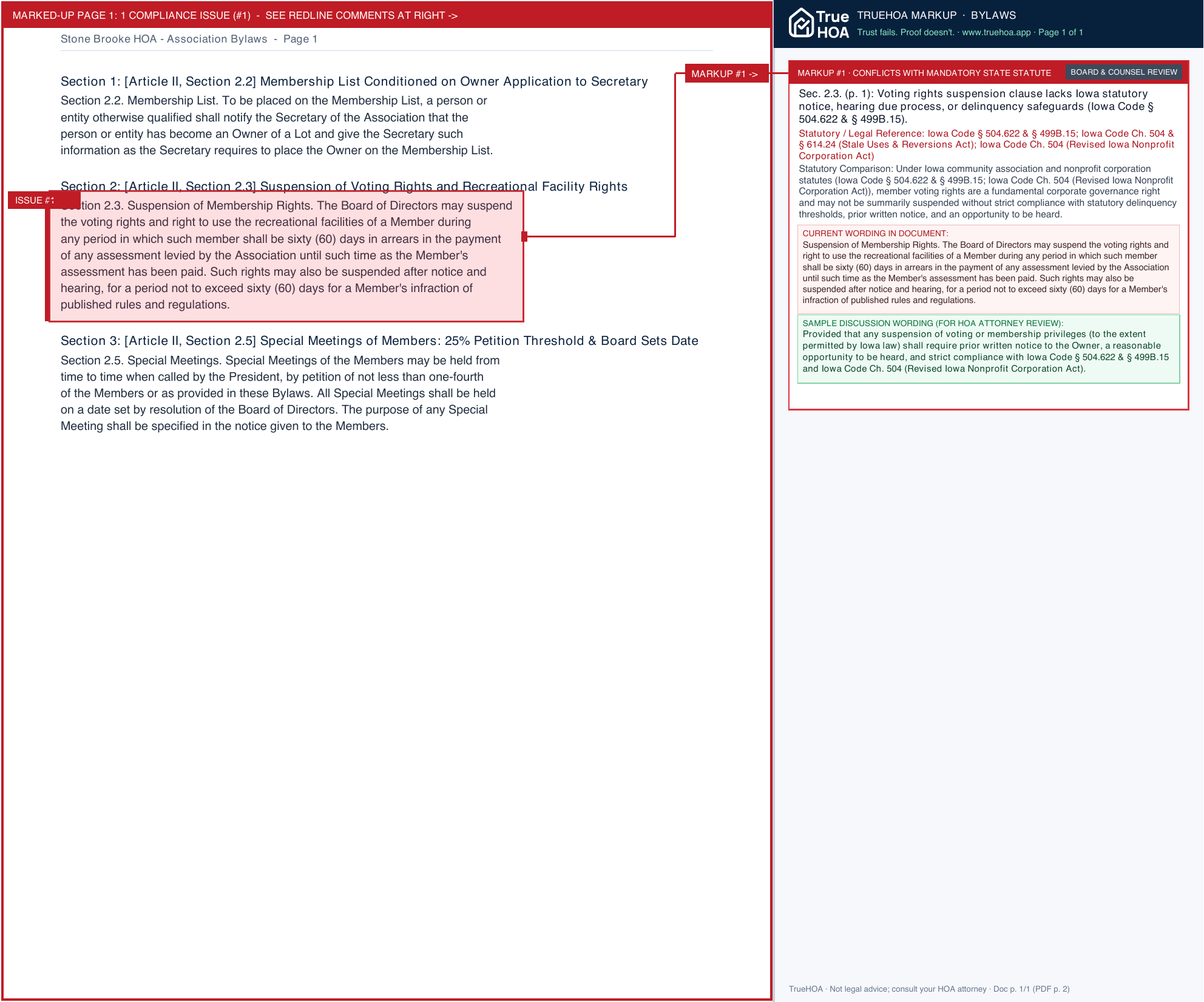 Stone Brooke HOA Association Bylaws page 1 widened with TrueHOA Crystal AI margin annotations