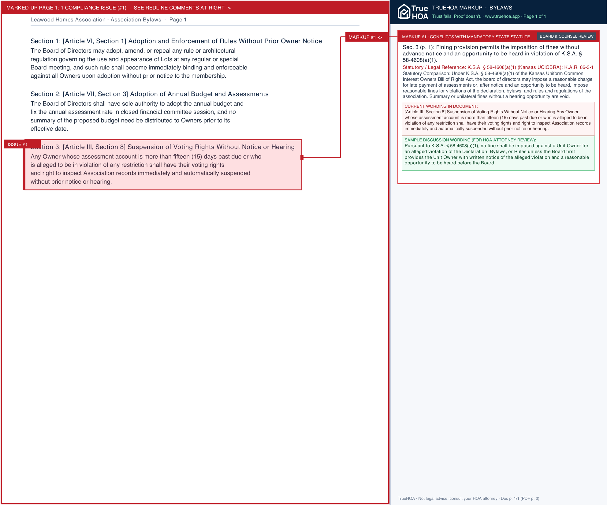 Leawood Homes Association Association Bylaws page 1 widened with TrueHOA Crystal AI margin annotations