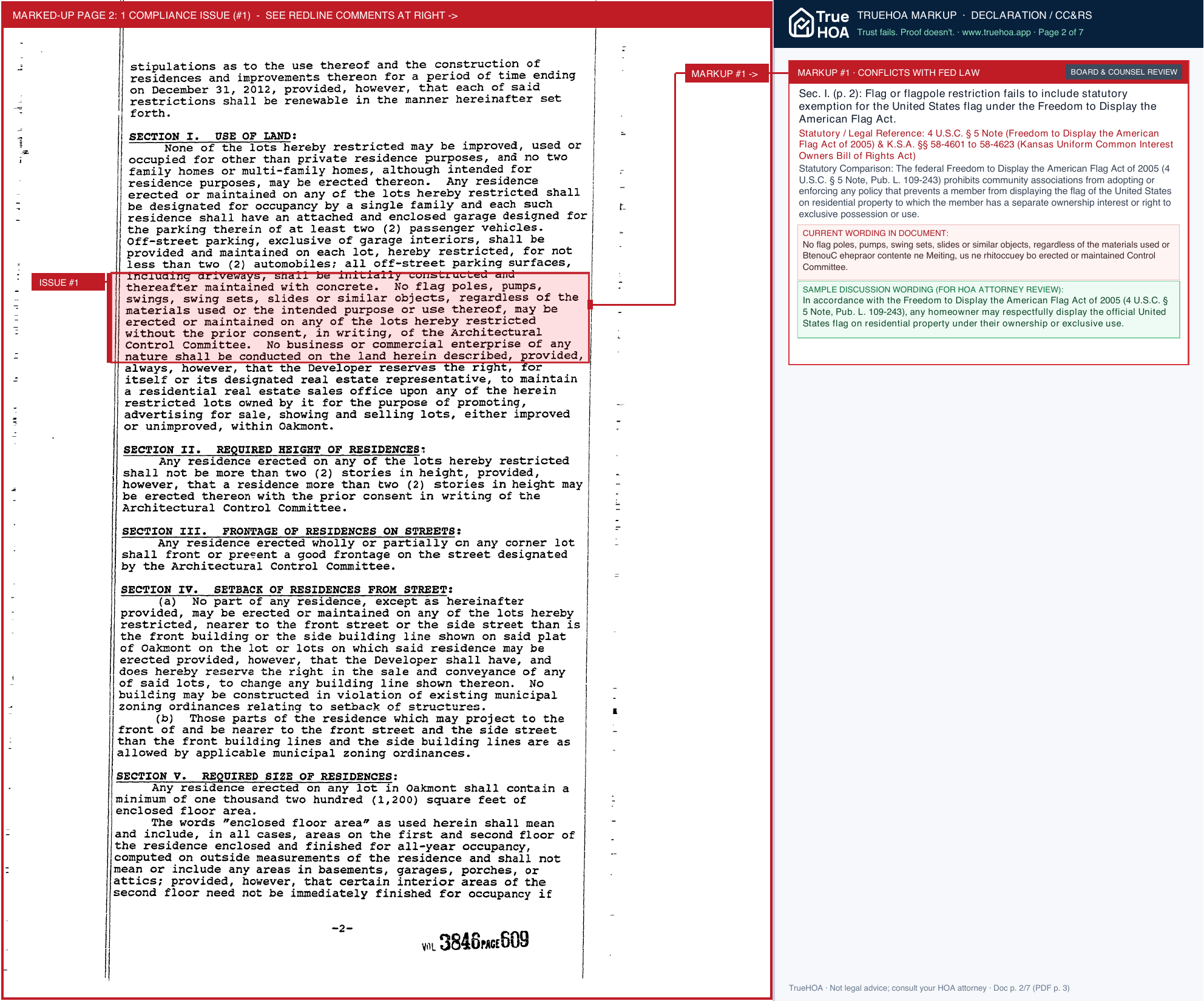 Oakmont Homes Association Original Oakmont Declaration Of Restrictions page 2 widened with TrueHOA Crystal AI margin annotations