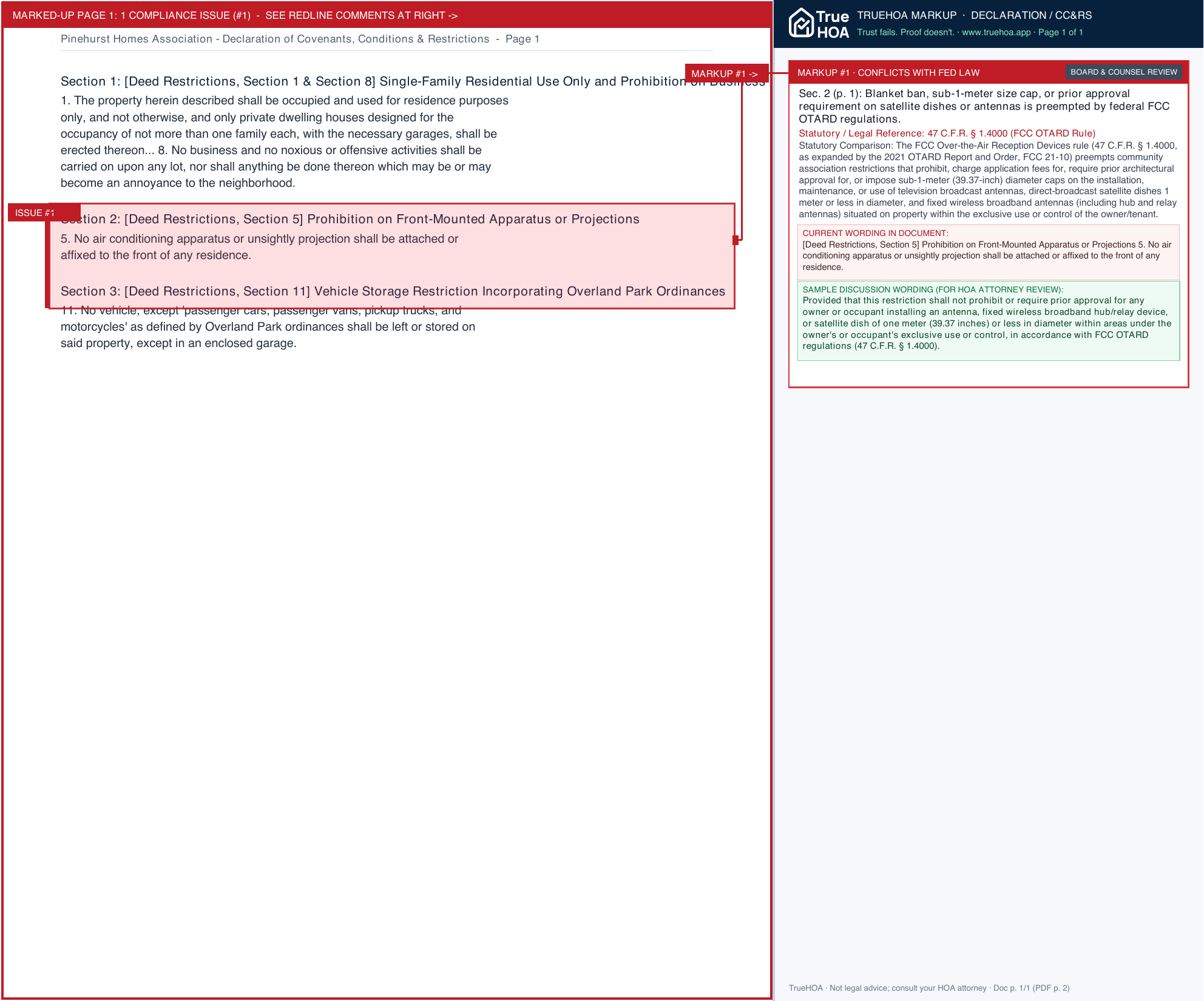 Pinehurst Homes Association Declaration of Covenants, Conditions & Restrictions page 1 widened with TrueHOA Crystal AI margin annotations