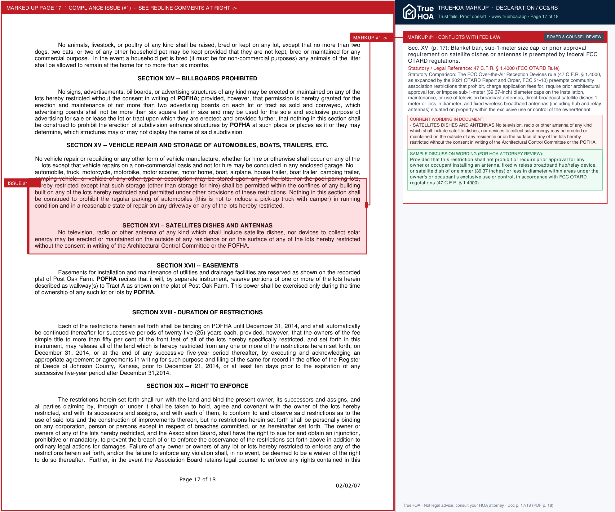 Post Oak Farm Homes Association Declaration of Covenants, Conditions & Restrictions page 17 widened with TrueHOA Crystal AI margin annotations