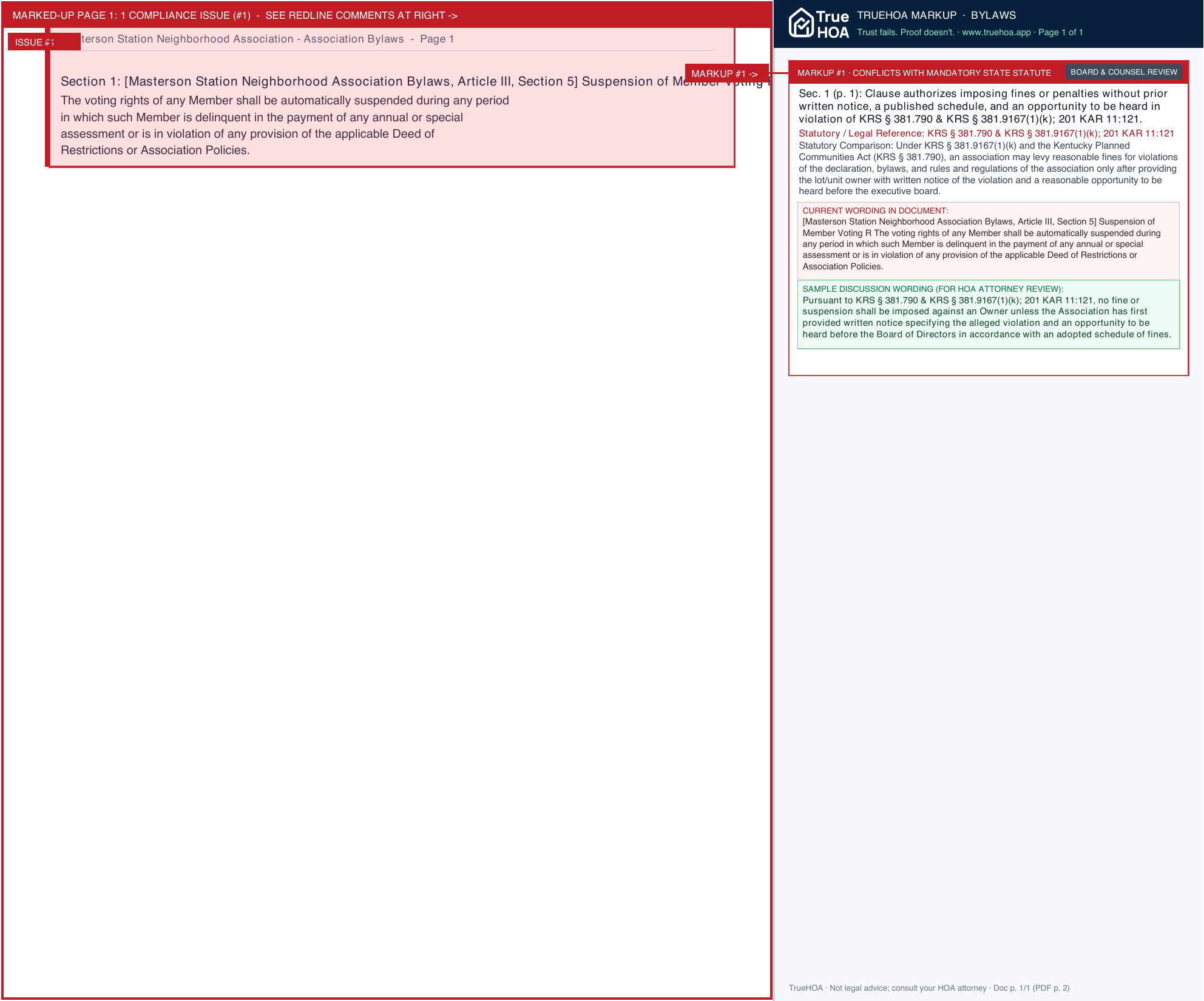 Masterson Station Neighborhood Association Association Bylaws page 1 widened with TrueHOA Crystal AI margin annotations