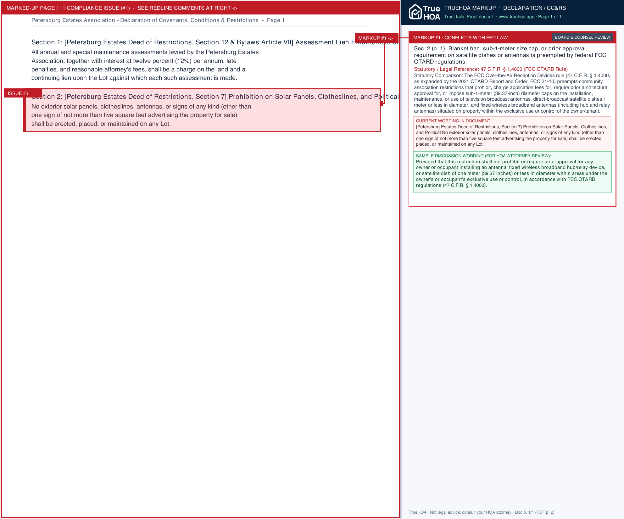 Petersburg Estates Association Declaration of Covenants, Conditions & Restrictions page 1 widened with TrueHOA Crystal AI margin annotations