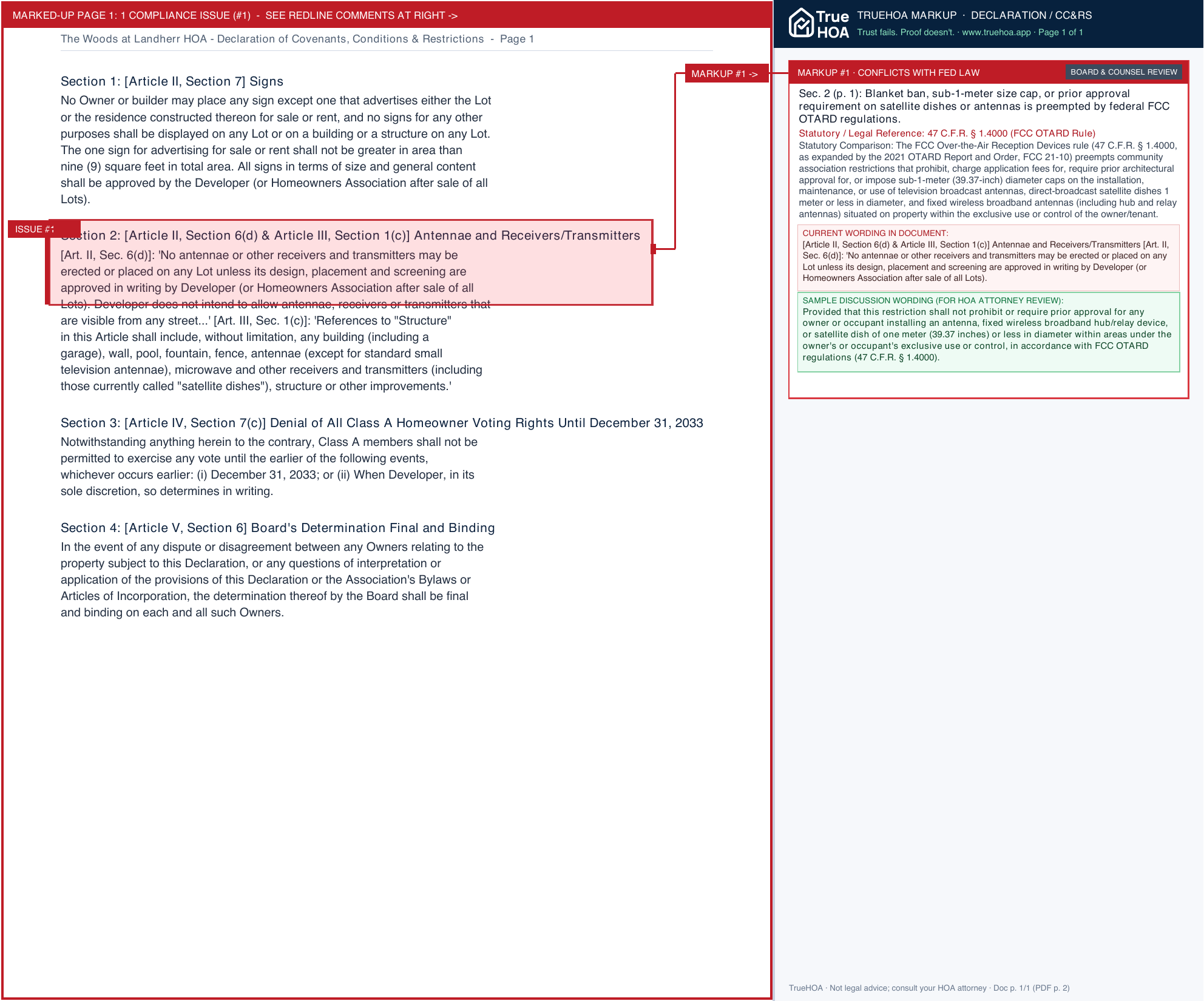 The Woods at Landherr HOA Declaration of Covenants, Conditions & Restrictions page 1 widened with TrueHOA Crystal AI margin annotations