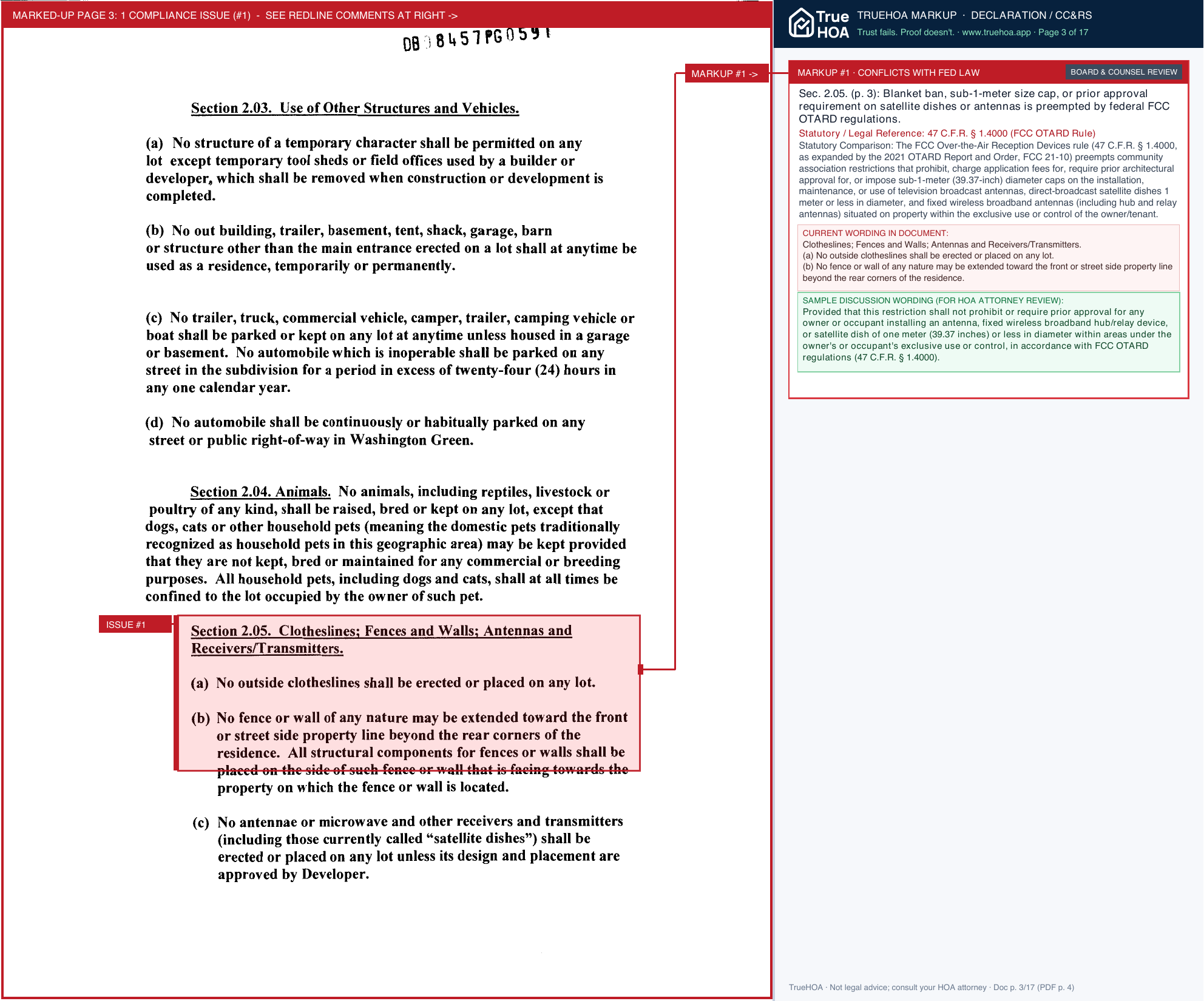 Washington Green HOA Restrictions original section one page 3 widened with TrueHOA Crystal AI margin annotations