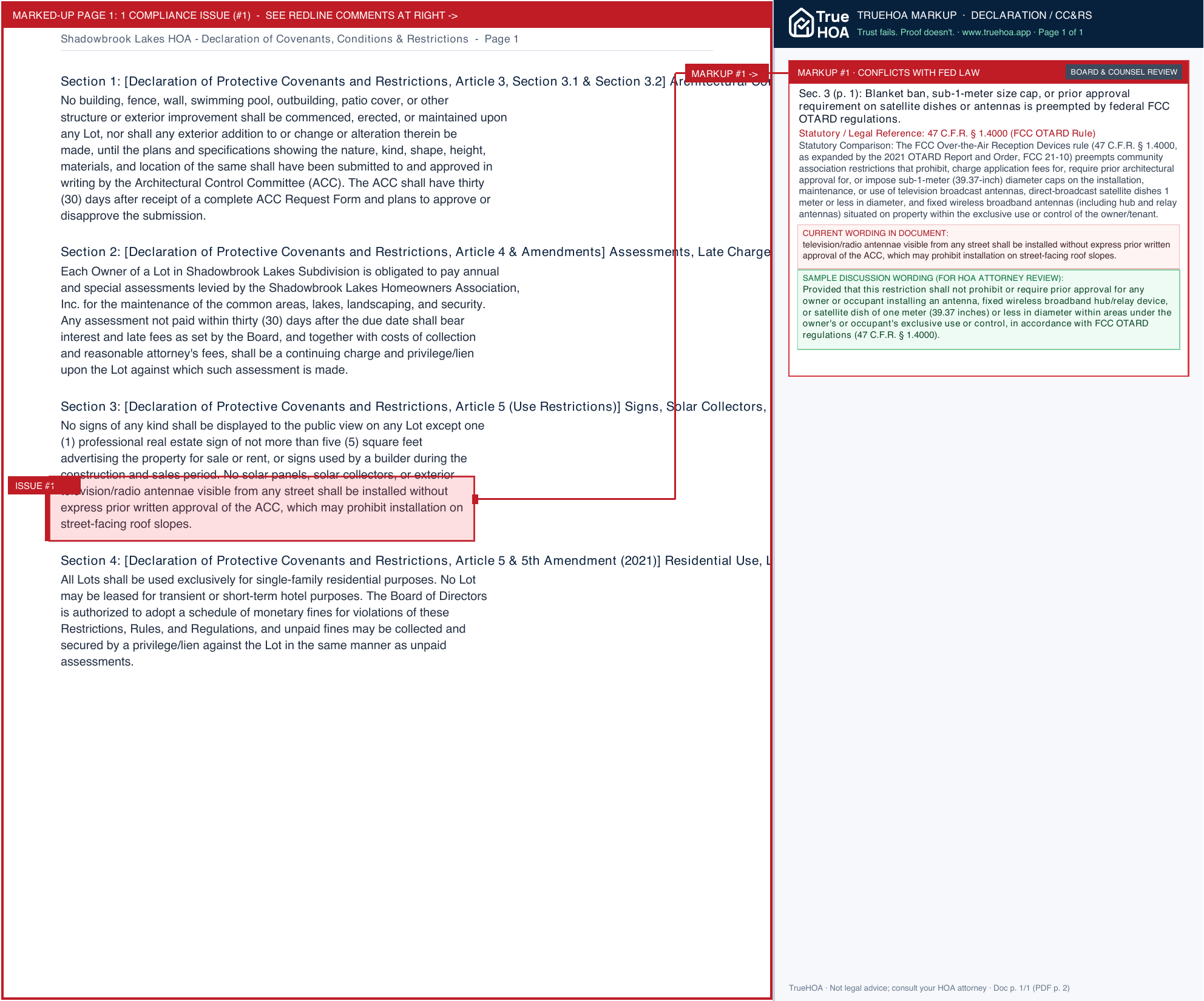 Shadowbrook Lakes HOA Declaration of Covenants, Conditions & Restrictions page 1 widened with TrueHOA Crystal AI margin annotations