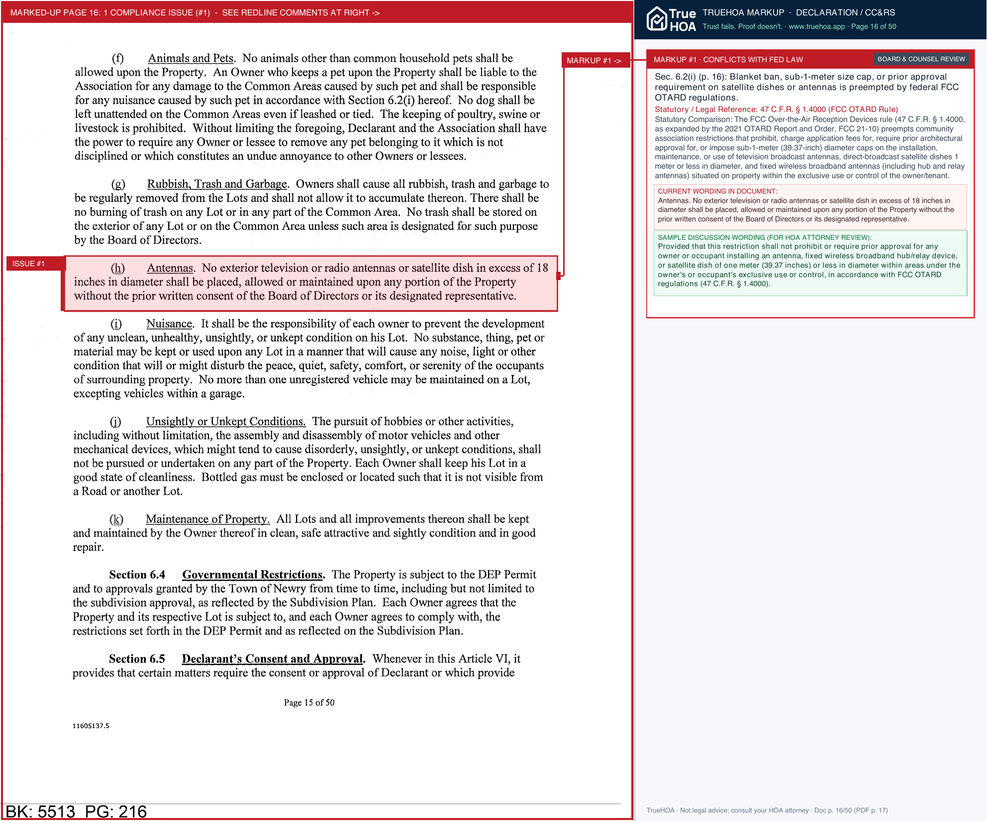 Merrill Hill HOA 1. Recorded Merrill Hill Declaration page 16 widened with TrueHOA Crystal AI margin annotations