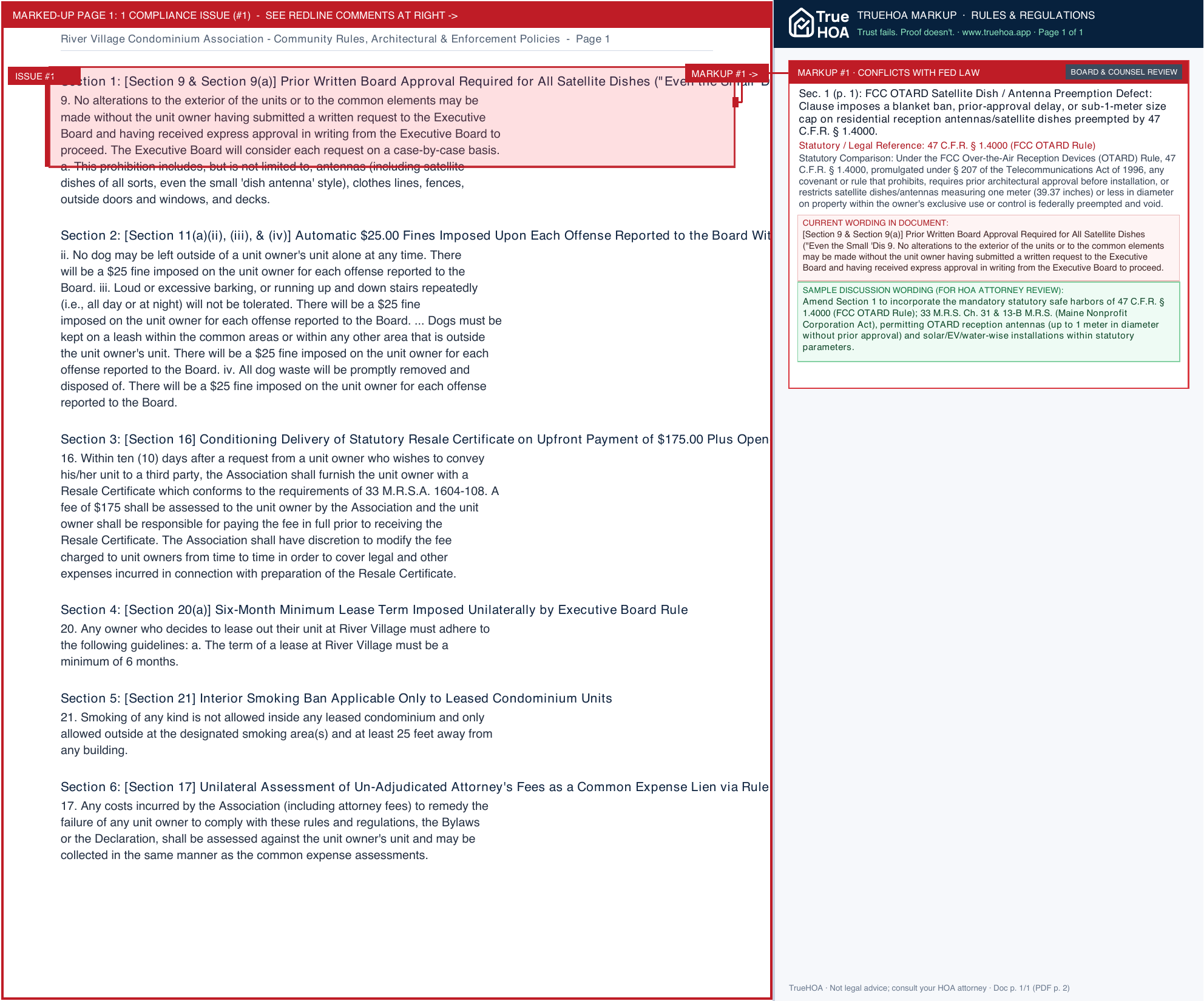 River Village Condominium Association Community Rules, Architectural & Enforcement Policies page 1 widened with TrueHOA Crystal AI margin annotations