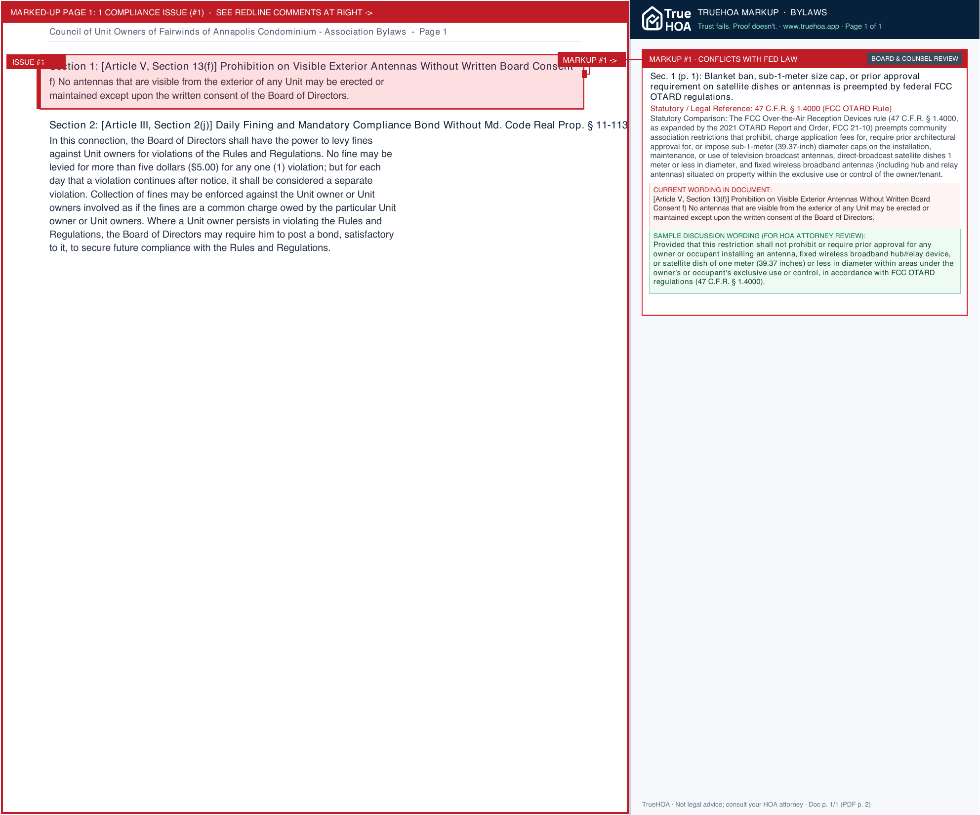 Council of Unit Owners of Fairwinds of Annapolis Condominium Association Bylaws page 1 widened with TrueHOA Crystal AI margin annotations