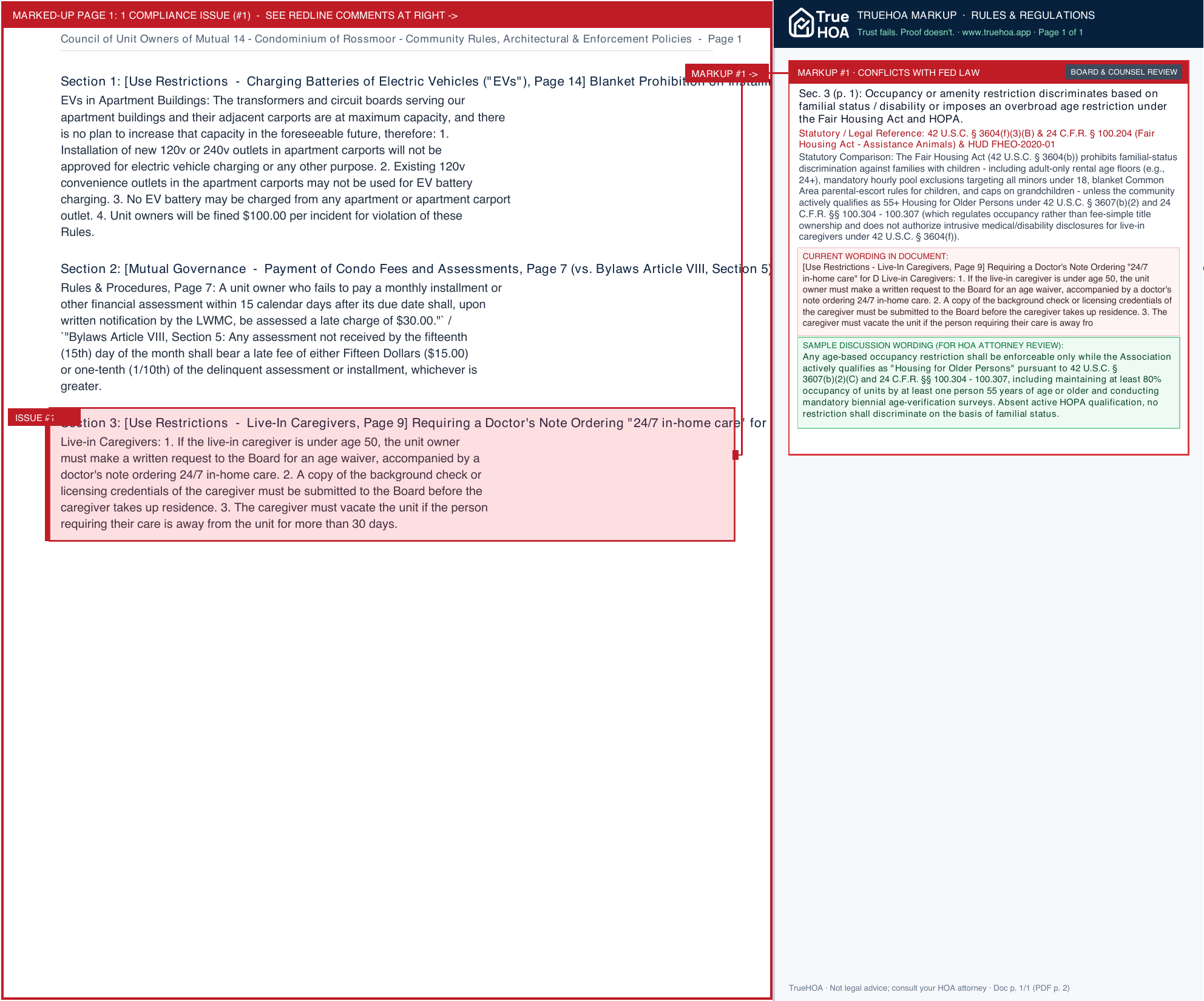 Council of Unit Owners of Mutual 14 - Condominium of Rossmoor Community Rules, Architectural & Enforcement Policies page 1 widened with TrueHOA Crystal AI margin annotations