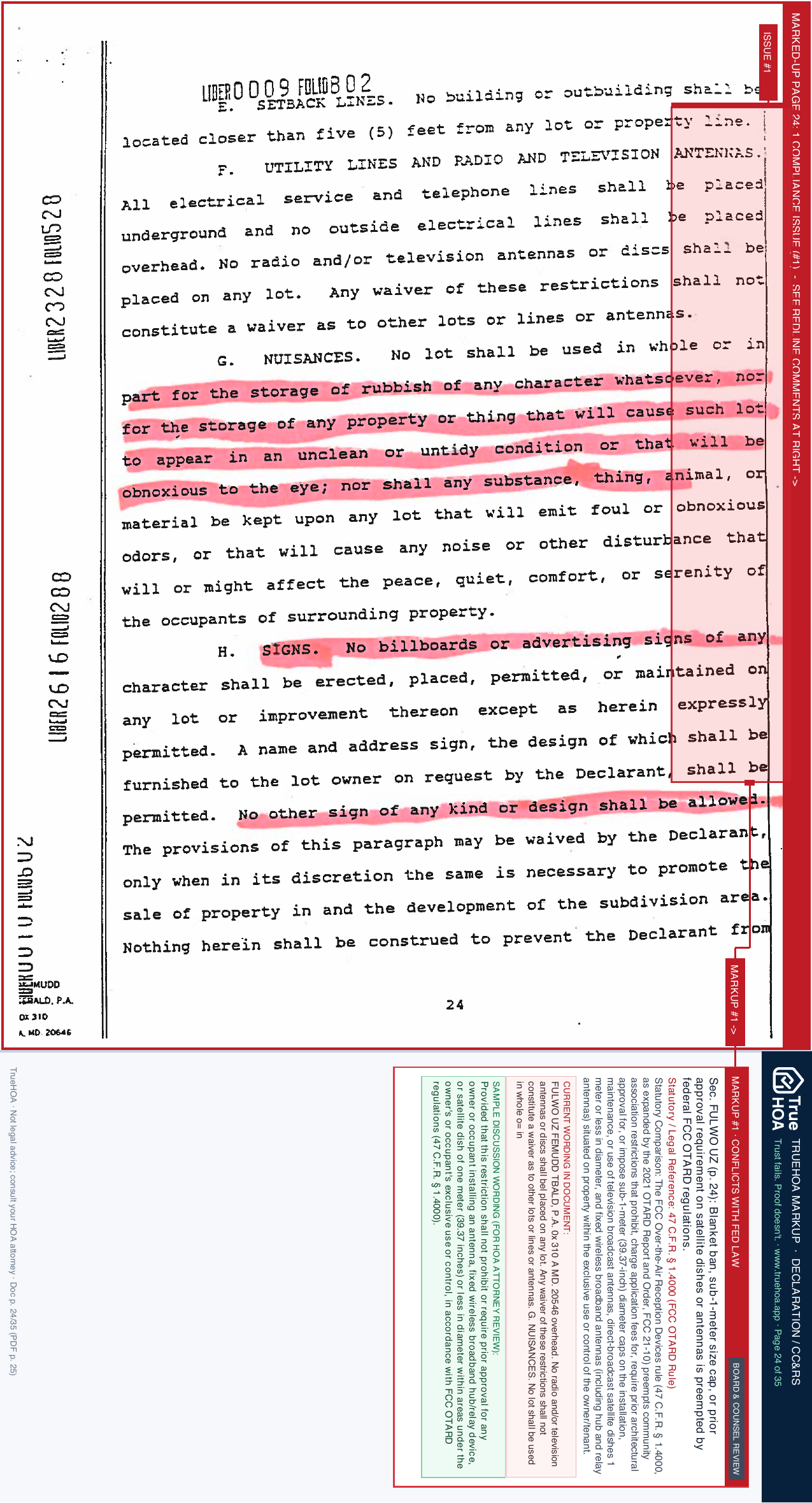 Settle Woods HOA Declaration of Conenants Conditions and Restrictions page 24 widened with TrueHOA Crystal AI margin annotations
