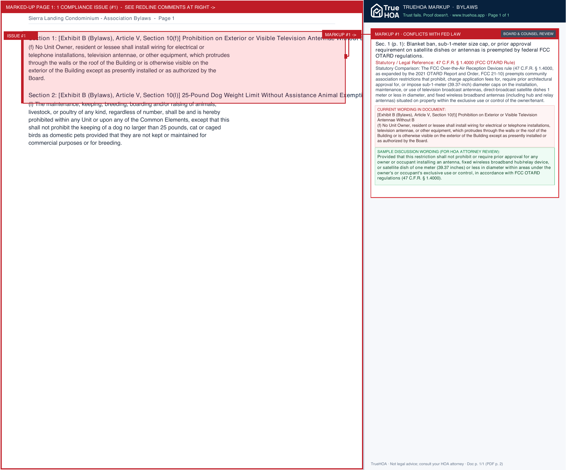 Sierra Landing Condominium Association Bylaws page 1 widened with TrueHOA Crystal AI margin annotations