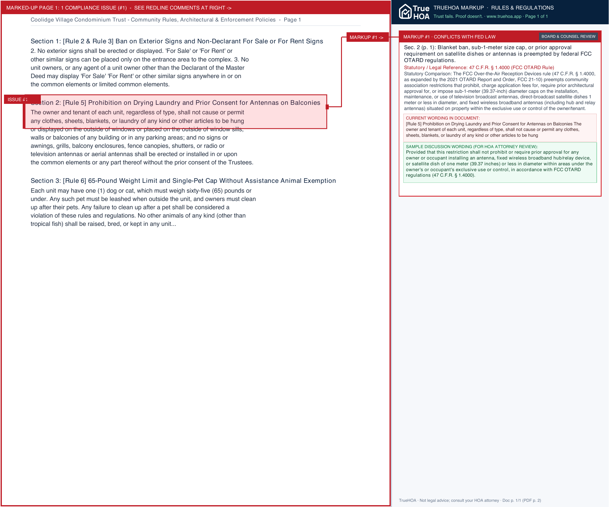 Coolidge Village Condominium Trust Community Rules, Architectural & Enforcement Policies page 1 widened with TrueHOA Crystal AI margin annotations