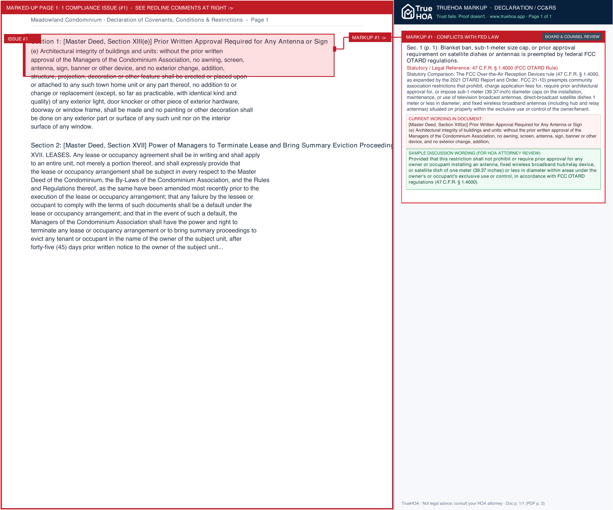 Meadowland Condominium Declaration of Covenants, Conditions & Restrictions page 1 widened with TrueHOA Crystal AI margin annotations