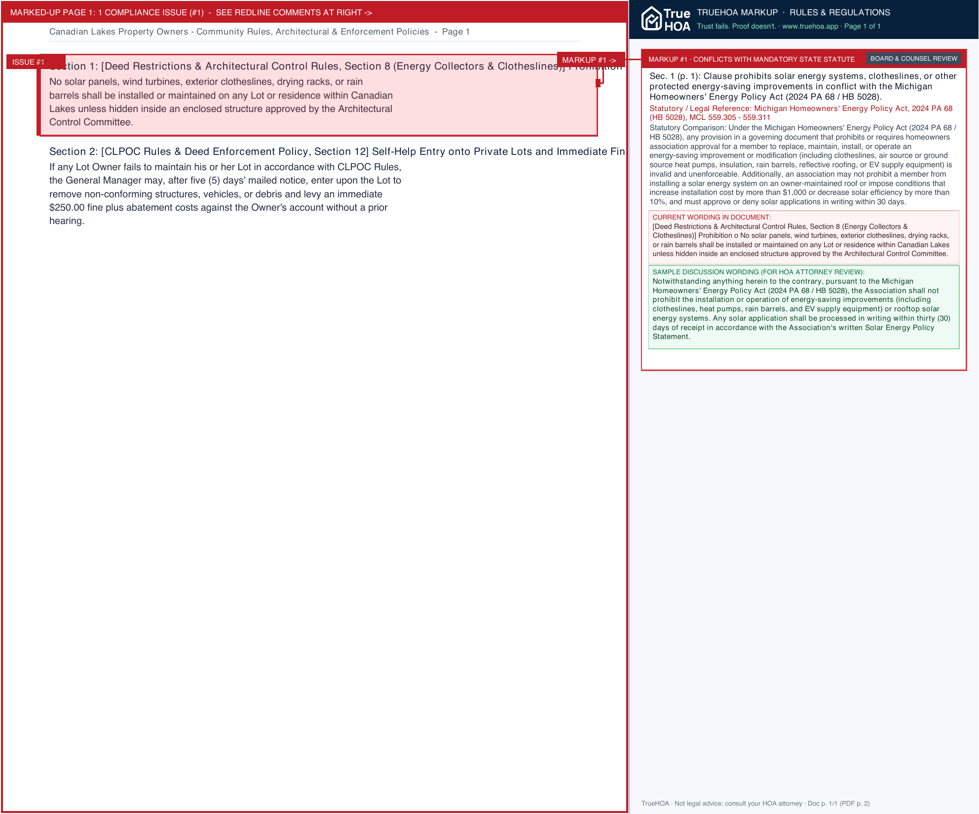 Canadian Lakes Property Owners Community Rules, Architectural & Enforcement Policies page 1 widened with TrueHOA Crystal AI margin annotations