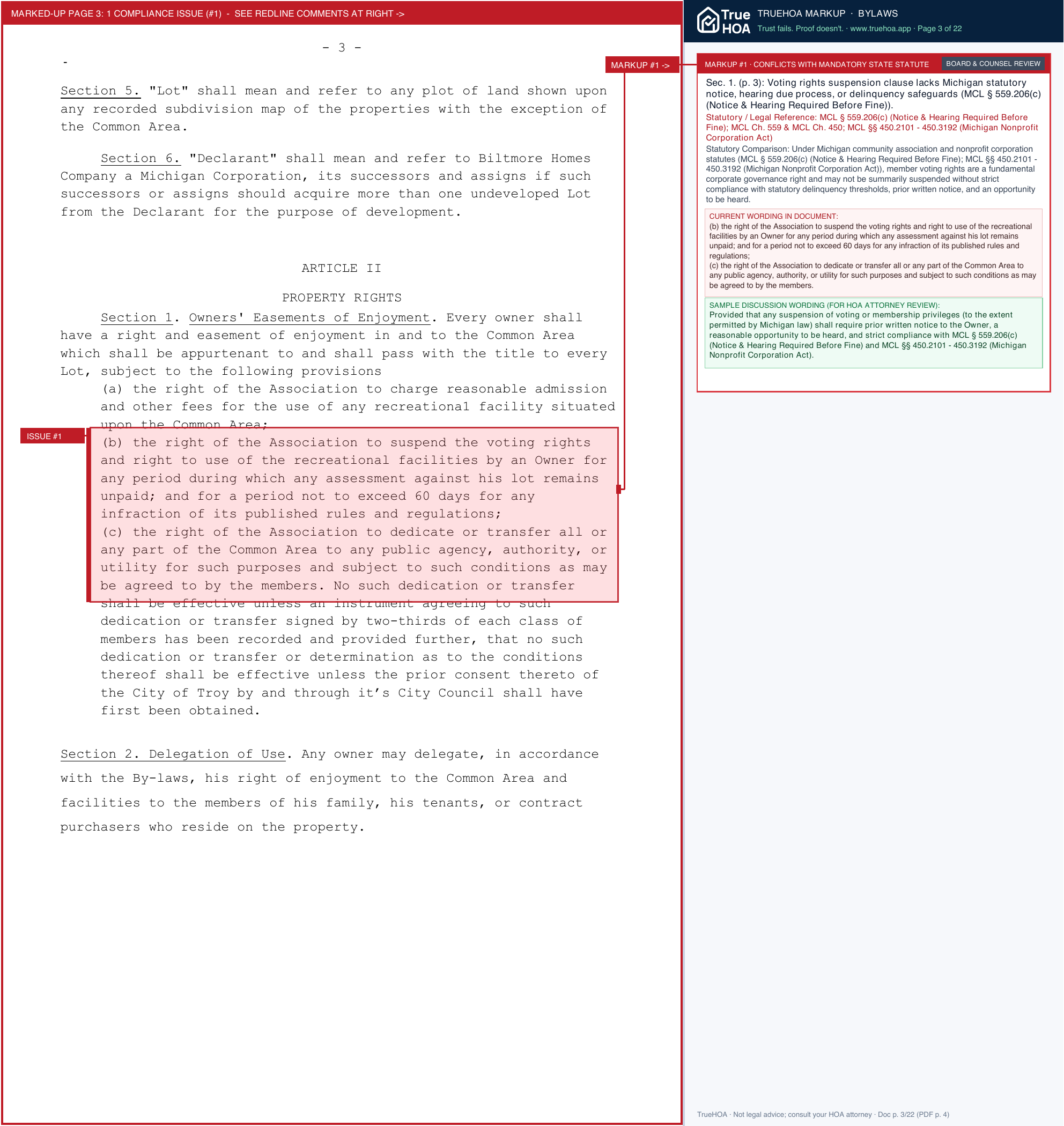 Raintree Village HOA Declaration and Bylaws legal page 3 widened with TrueHOA Crystal AI margin annotations