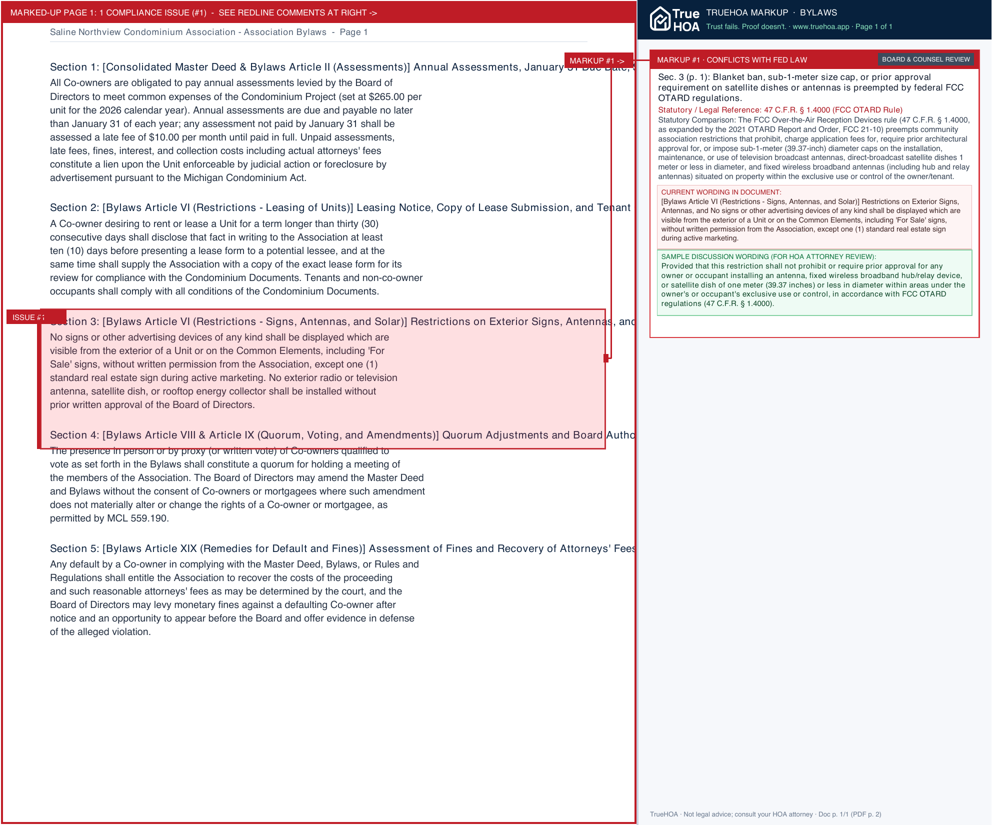 Saline Northview Condominium Association Association Bylaws page 1 widened with TrueHOA Crystal AI margin annotations