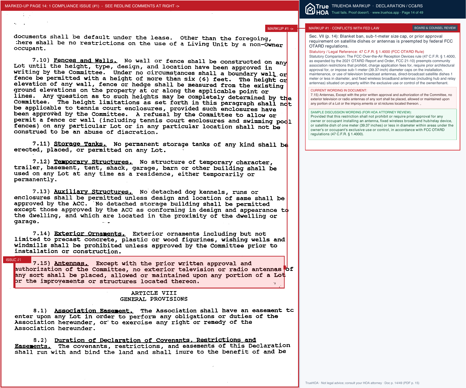 Hawthorne Woods HOA Declaration of Covenants, Conditions, and Restrictions for Hawthorne Woods Homeowners Association Inc. page 14 widened with TrueHOA Crystal AI margin annotations