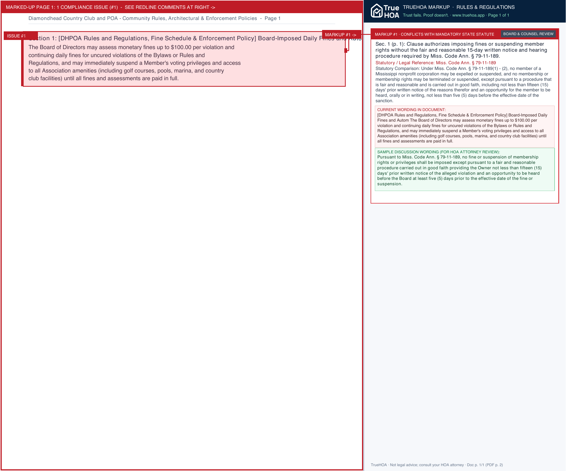 Diamondhead Country Club and POA Community Rules, Architectural & Enforcement Policies page 1 widened with TrueHOA Crystal AI margin annotations