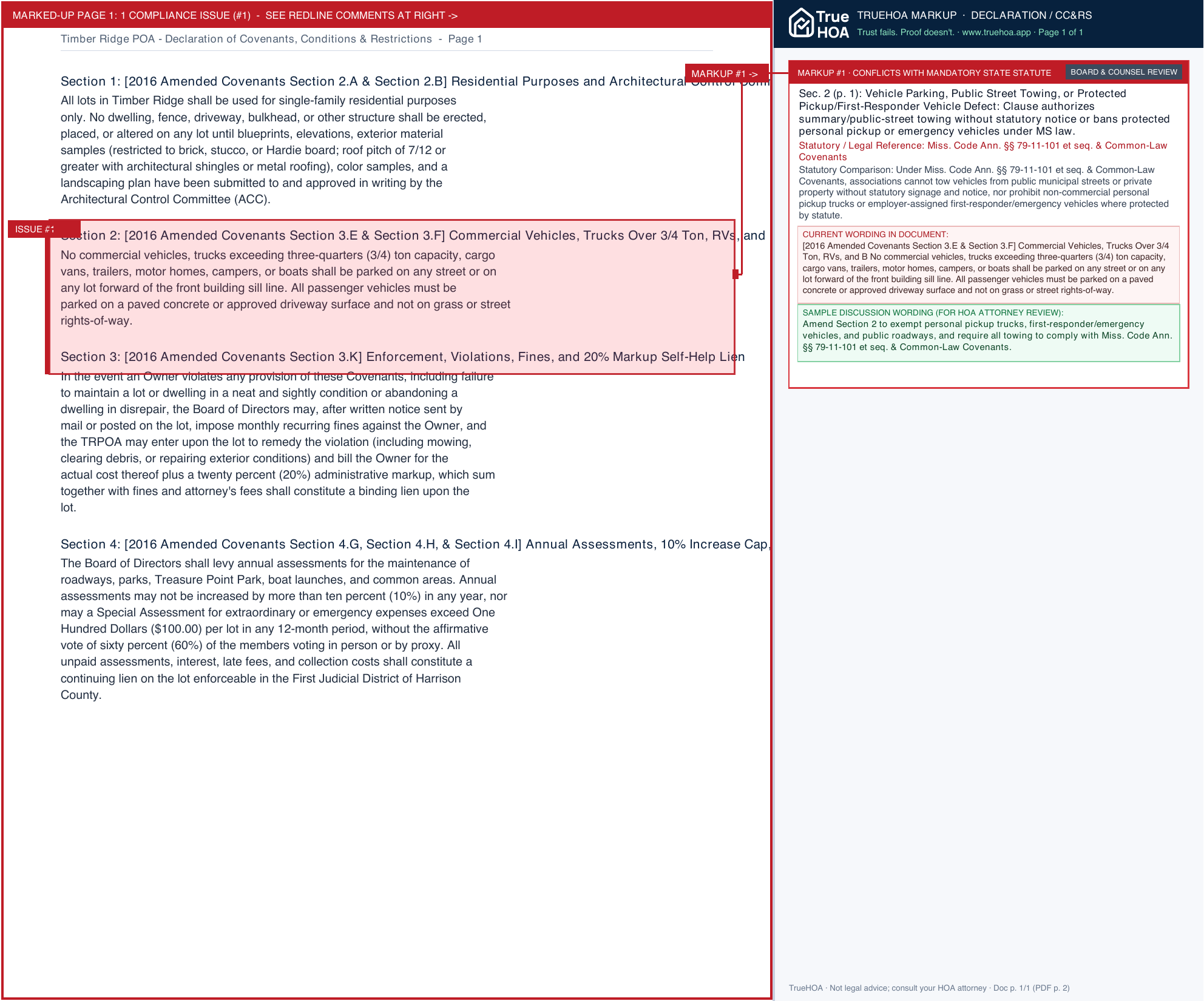 Timber Ridge POA Declaration of Covenants, Conditions & Restrictions page 1 widened with TrueHOA Crystal AI margin annotations
